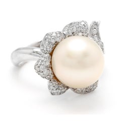 Splendide bague en or blanc massif 14 carats avec perle naturelle des mers du Sud et diamants