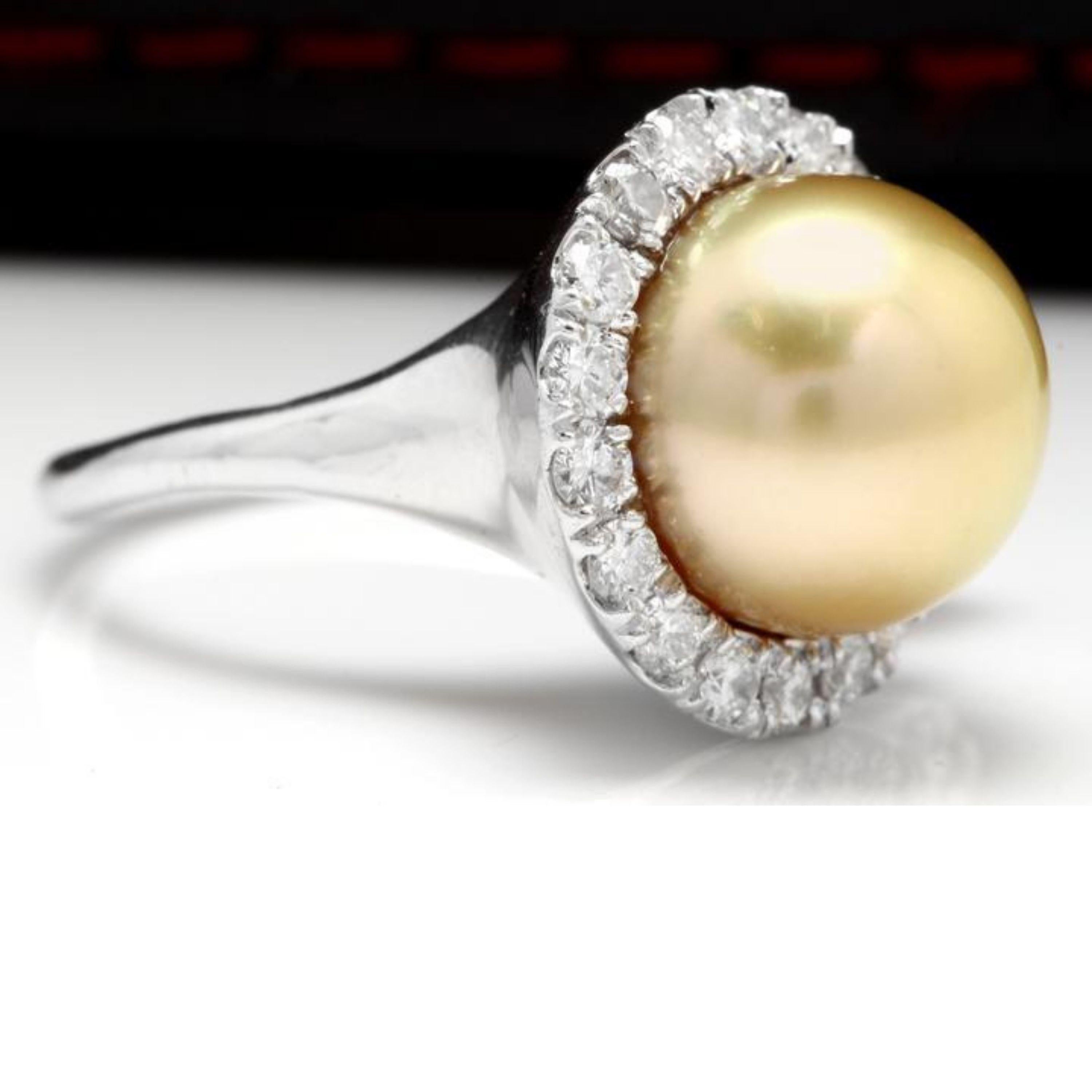 Splendid Natural South Sea Pearl and Diamond 14K Solid White Gold Ring

Stamped: 14K

Total Natural Pearl Measures: Approx. 11mm

Total Natural Round Diamonds Weight: Approx. 0.95 Carats (color G-H / Clarity SI1-Si2)

Ring size: 7 (we offer free