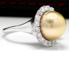 Splendide bague en or blanc massif 14 carats avec perle naturelle des mers du Sud et diamants