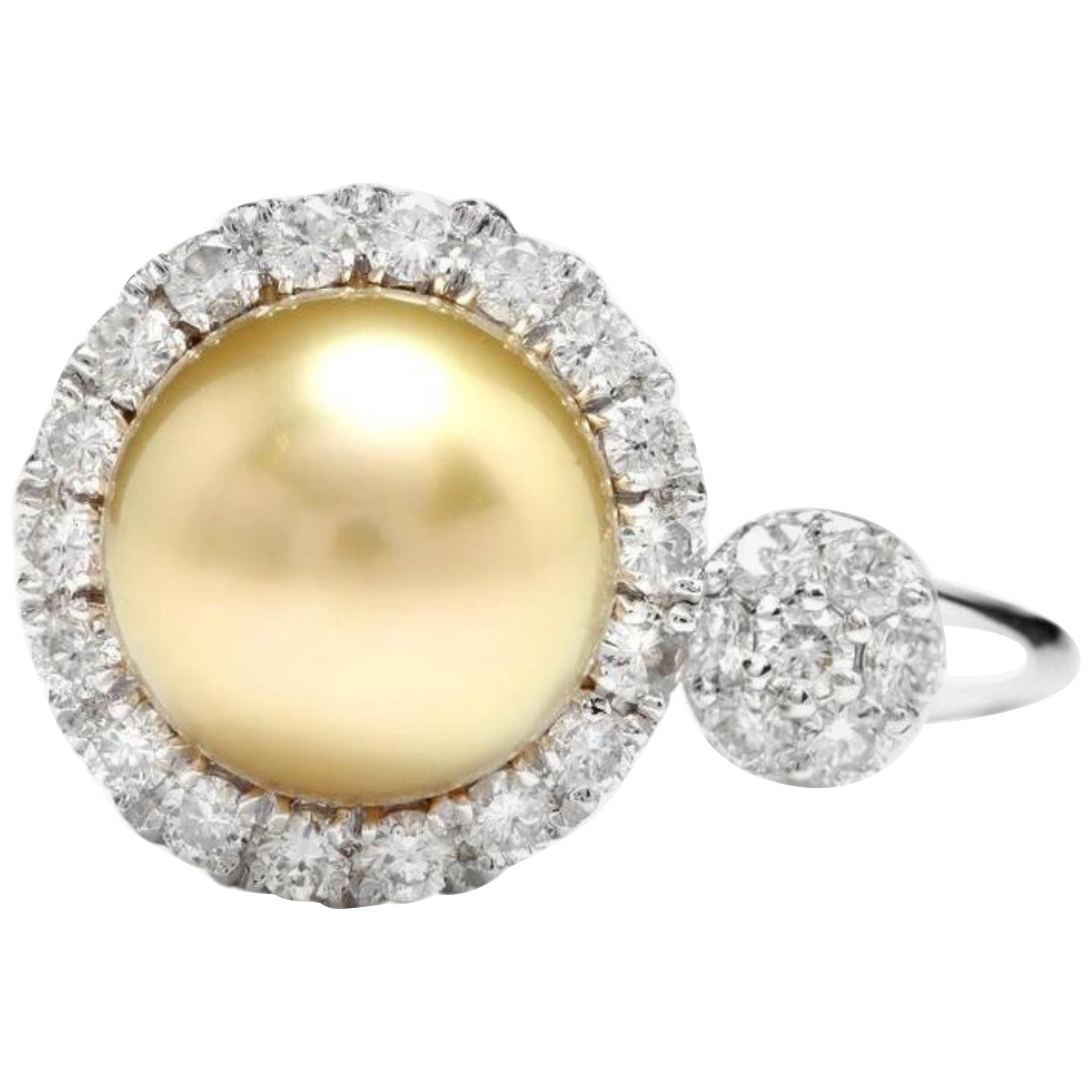 Espléndido Anillo de Oro Blanco Macizo de 14 Kilates con Perla Natural del Mar del Sur y Diamante