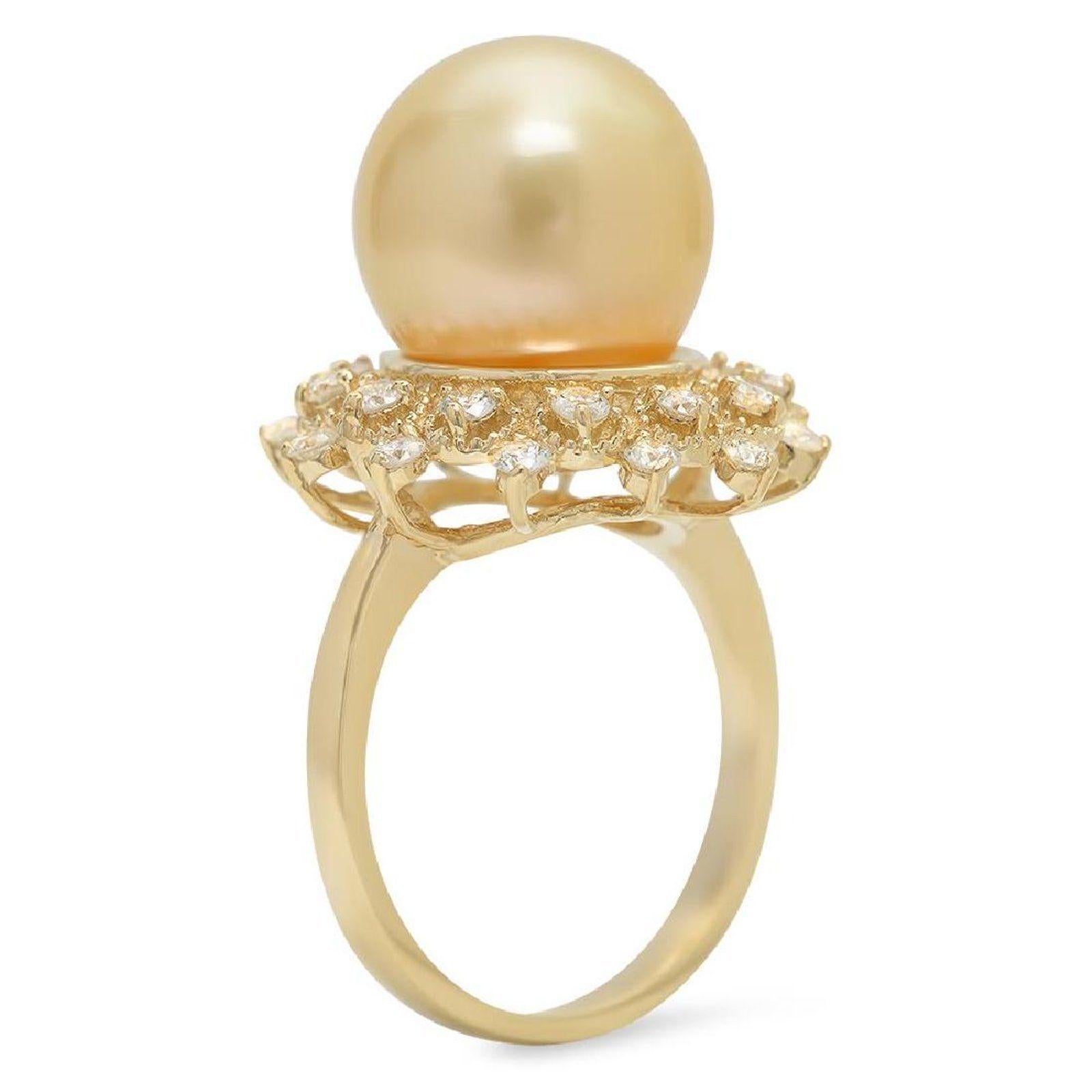 Splendid Natural South Sea Pearl and Diamond 14K Solid Yellow Gold Ring

Stamped: 14K

Total Natural Pearl Measures: Approx. 12mm

Total Natural Round Diamonds Weight: Approx. 0.65 Carats (color G-H / Clarity SI1-Si2)

Ring size: 7 (we offer free