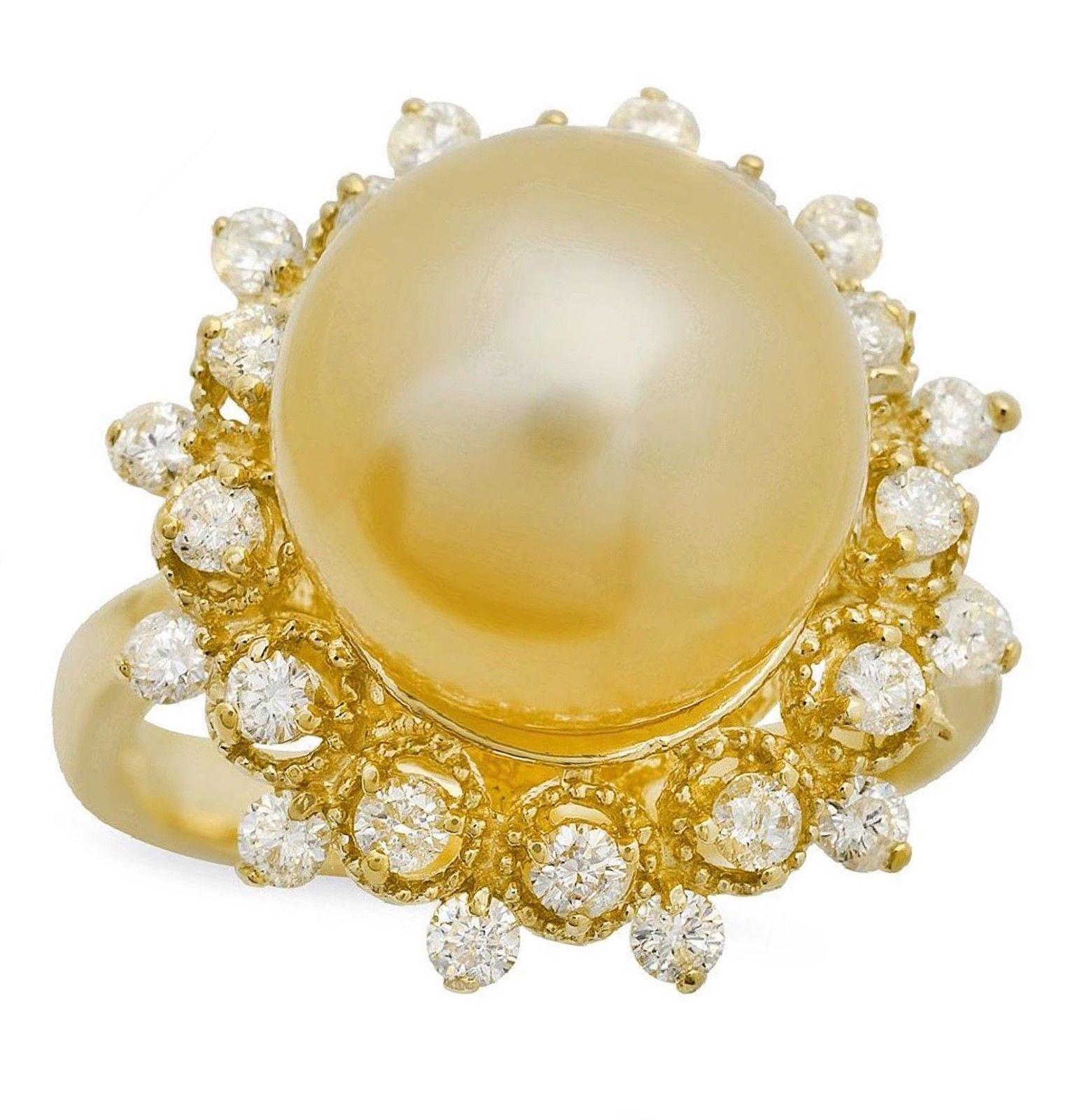 Splendide bague en or jaune massif 14 carats avec perle naturelle des mers du Sud et diamants Neuf - En vente à Los Angeles, CA