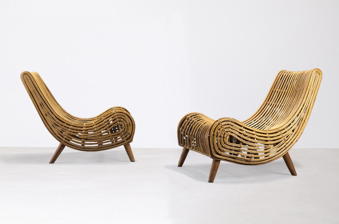 Piero Palange e Werther Toffoloni 
Splendid pair of armchairs in curved rattan and wood.
Gervasoni production, Italy, 1960s.

