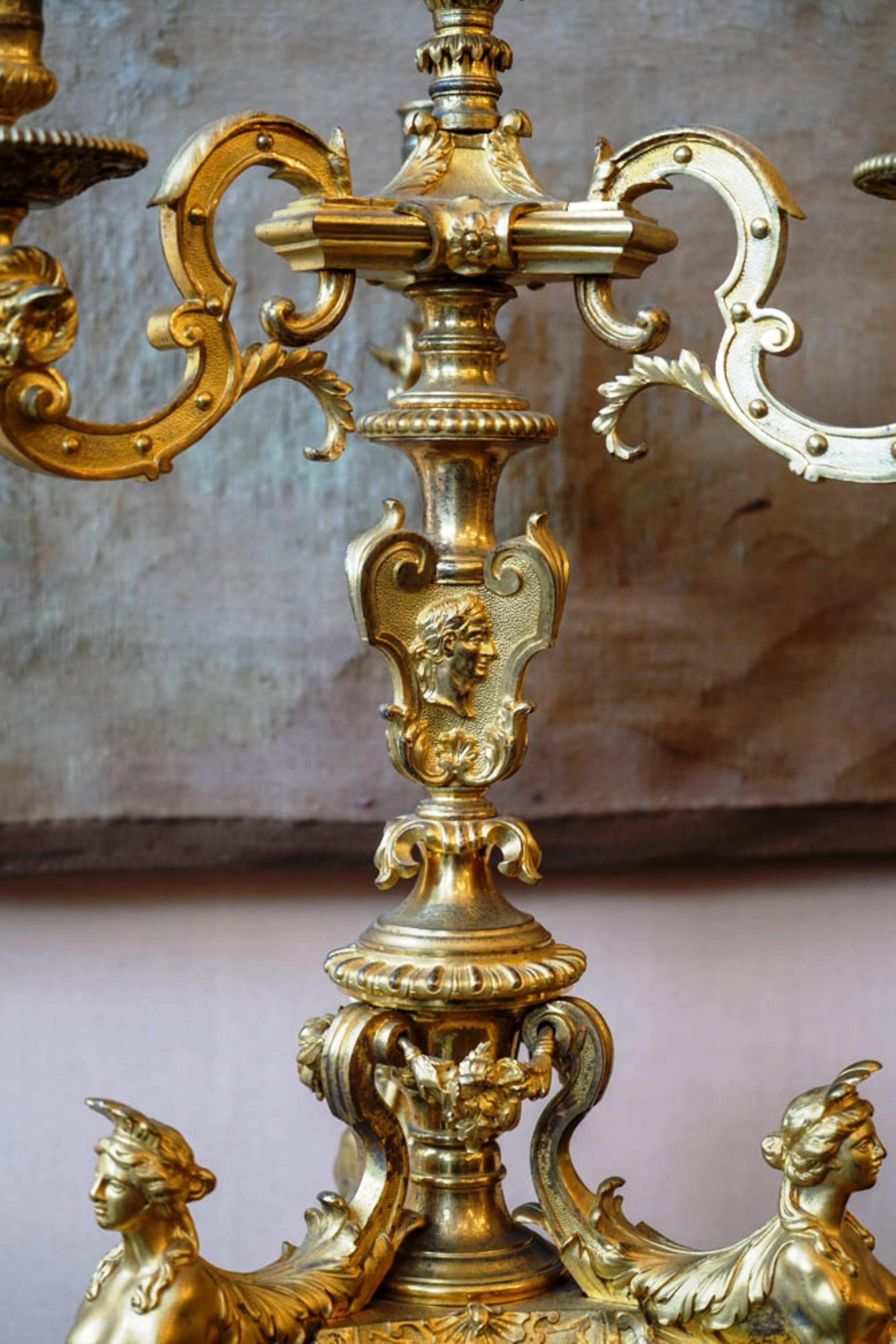 Splendid Pair of Candelabras, Gilt-Bronze, Louis XIV Style, France, circa 1880 In Excellent Condition For Sale In Saint-Ouen, FR