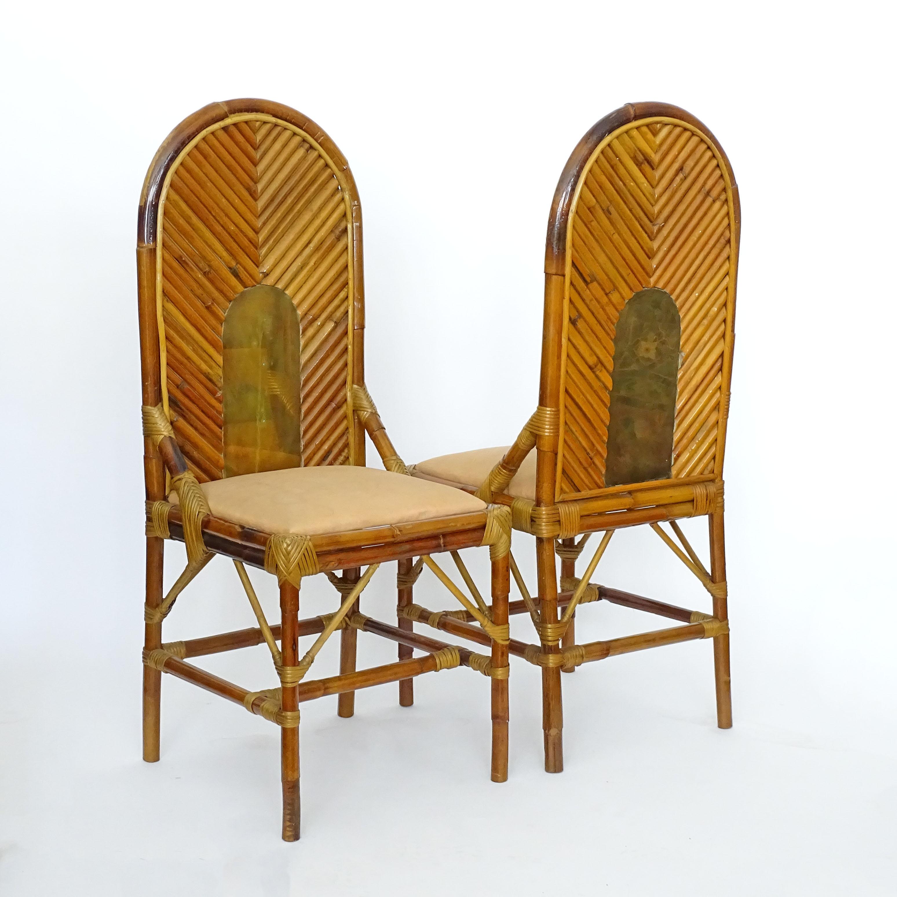 Splendid Pair of Italian 1970s Bamboo and Brass Chairs For Sale 1
