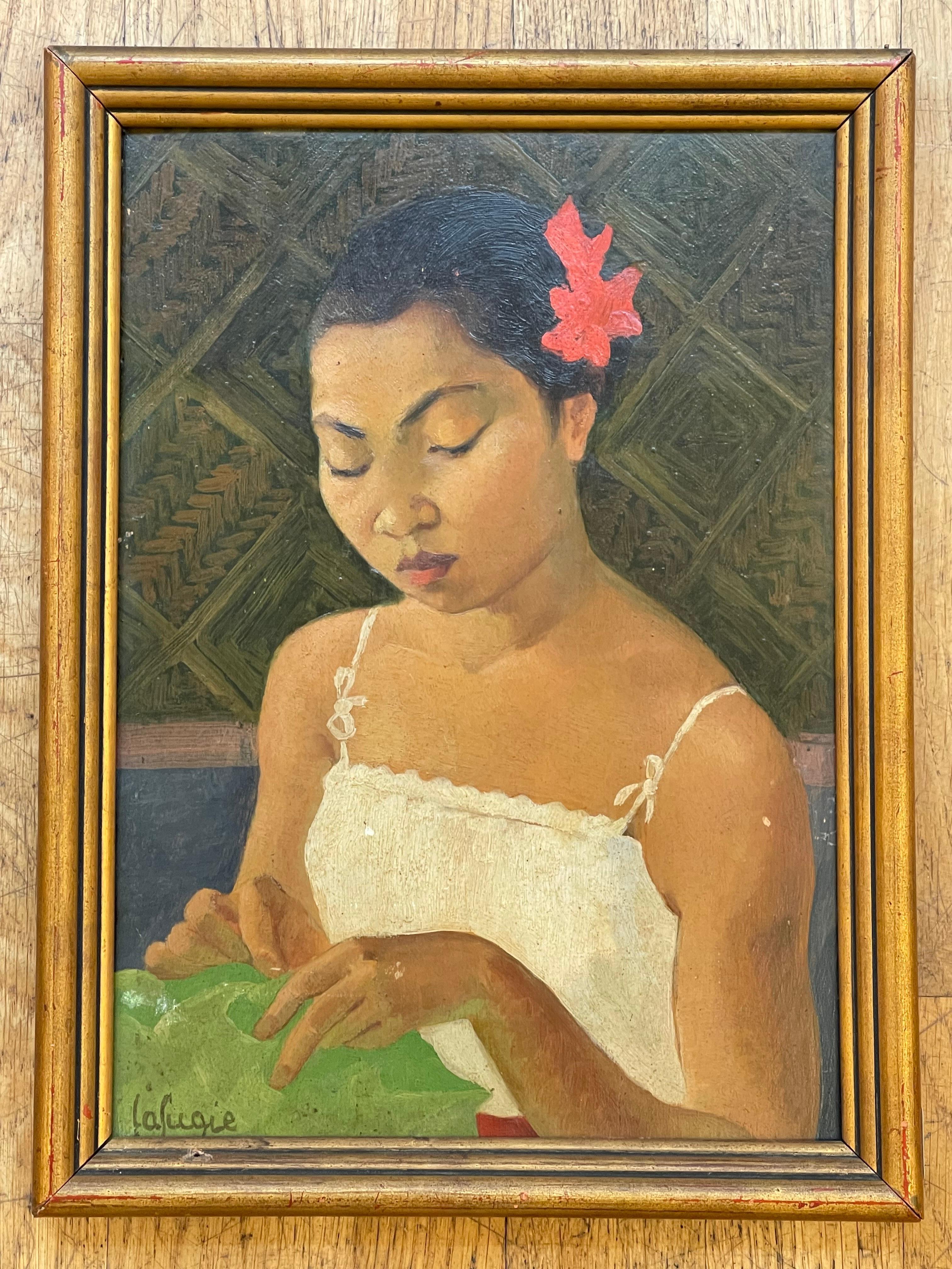 
Prächtig  Porträt eines jungen kambodschanischen Mädchens, von Léa LAFUGIE (1890-1972), Öl auf Tafel, 33 x 23,5 cm

Léa Lafugie war eine in Paris geborene französische Malerin, die für ihre von Reisen inspirierten Porträts und Landschaften bekannt