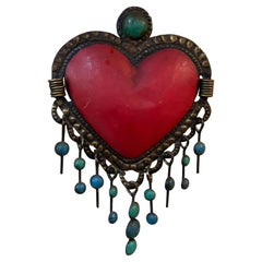 Splendid Red Heart with Aqua Fringe Beading Hanging Rustic Wall Decor MEXICO