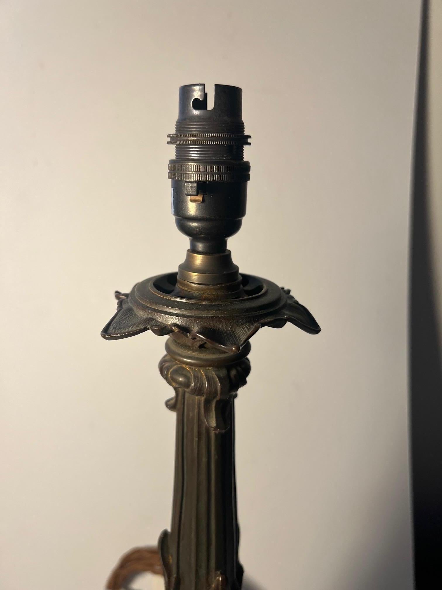 Good quality French bronze Rococo oil lamp base, converted to electric. PAT tested for the U.K.

Wonderful patina and very well cast.

Lead weighted to base. Circa 1840.
