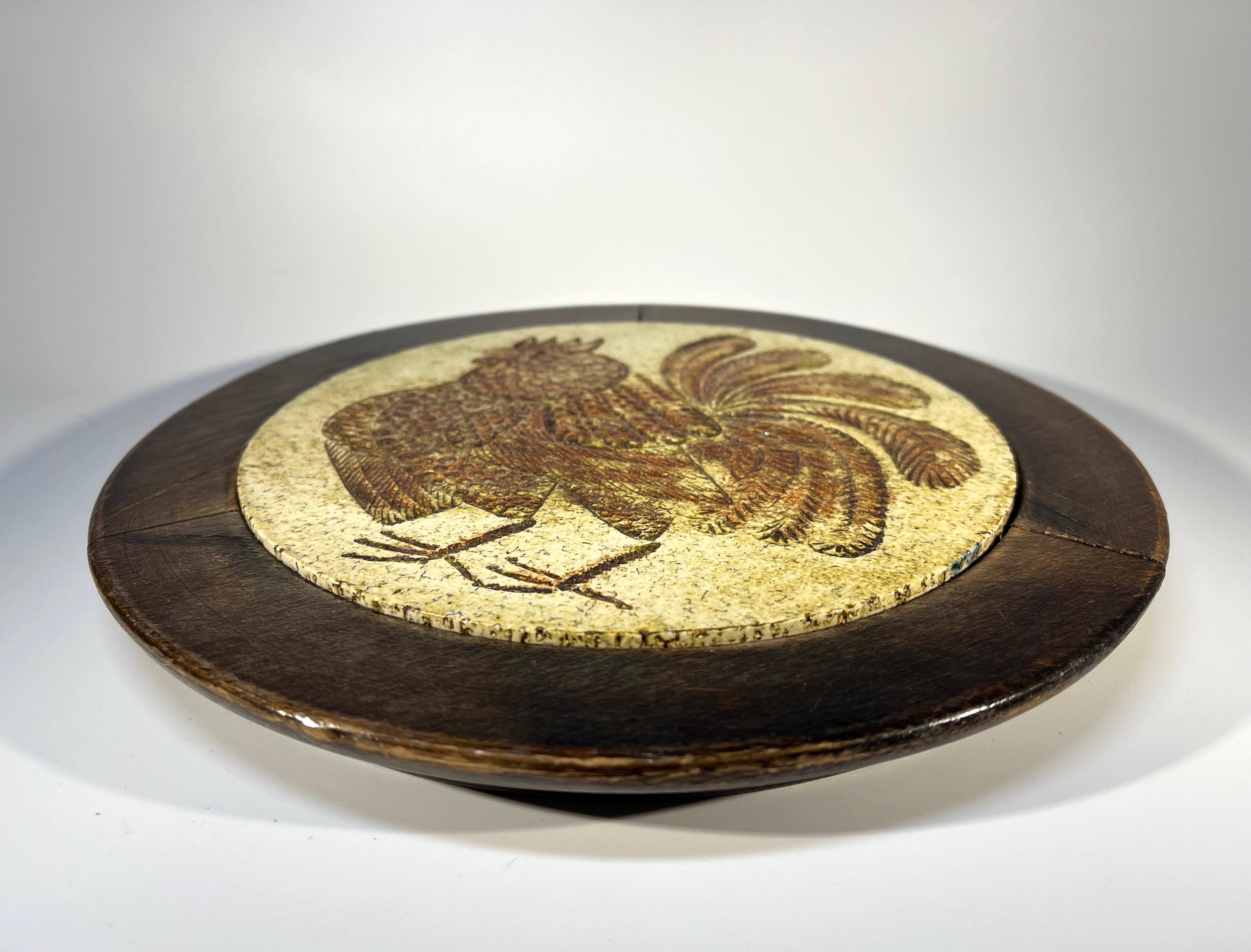 Hand-Crafted Splendid Roger Capron Rooster Framed Ceramic Tile Plaque - For Vallauris, France For Sale