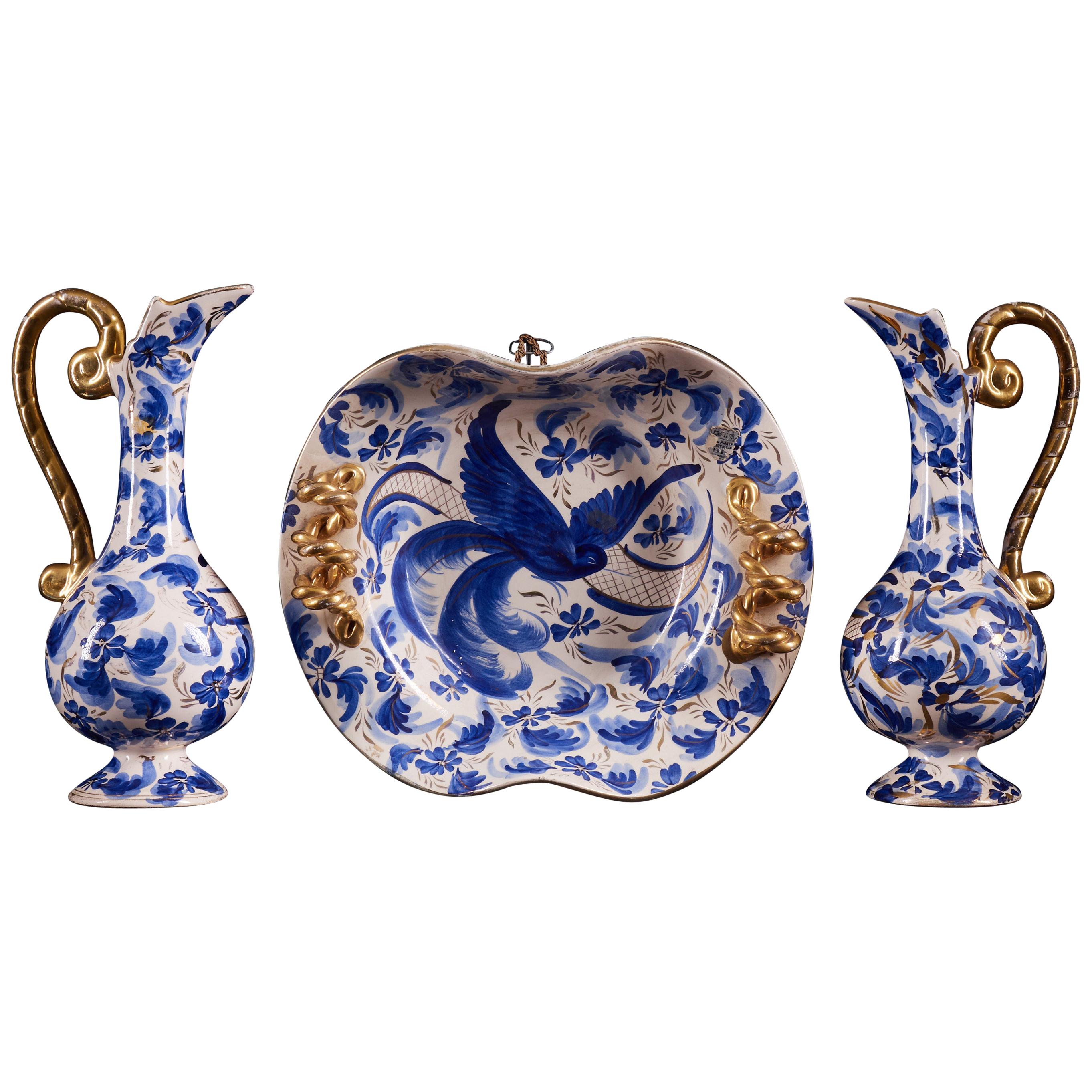 Splendid Set of 3 Belgian Ceramic Items with Hand Painted Blue Decorations