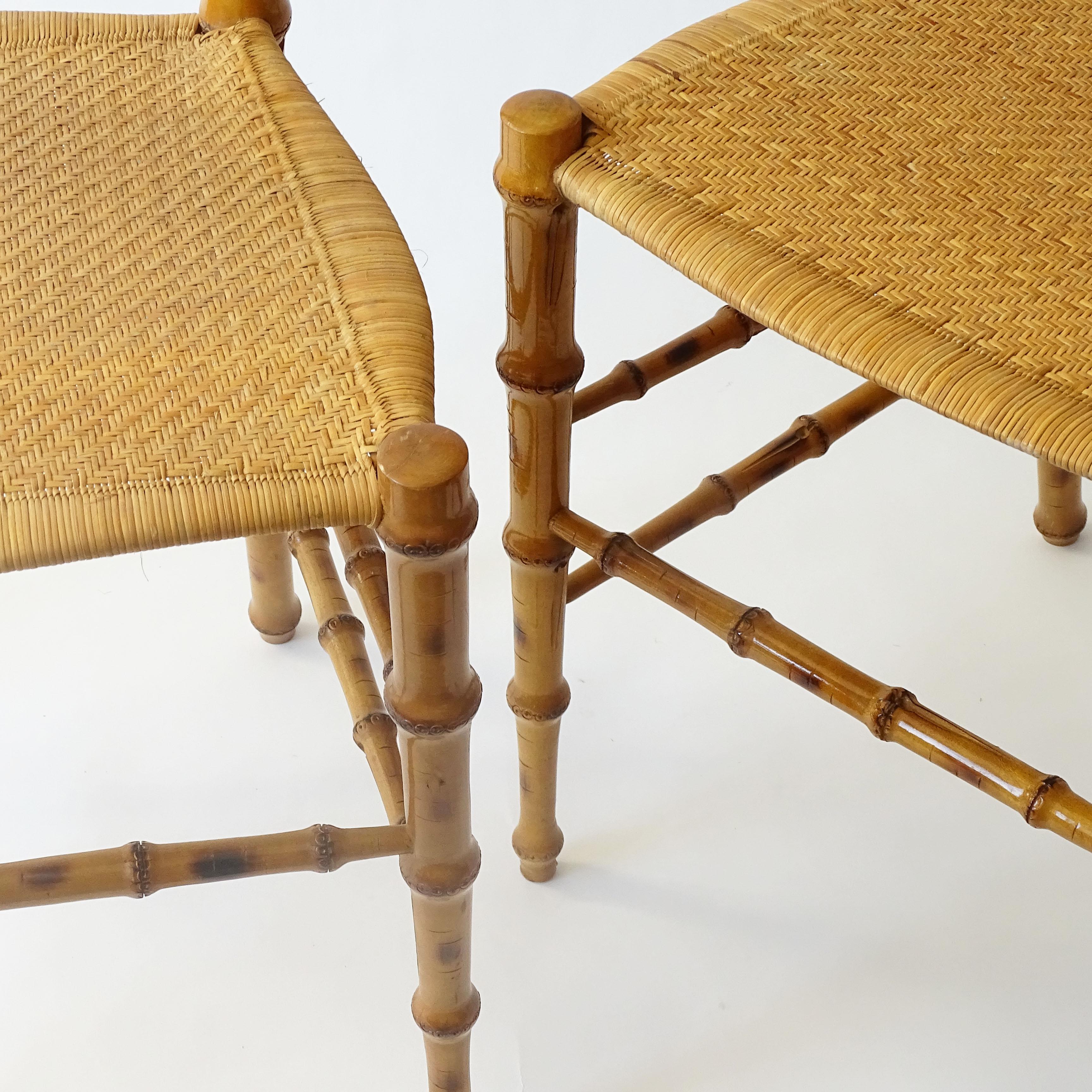 A splendid set of six faux-bamboo Chiavarina chairs with wicker seats.

