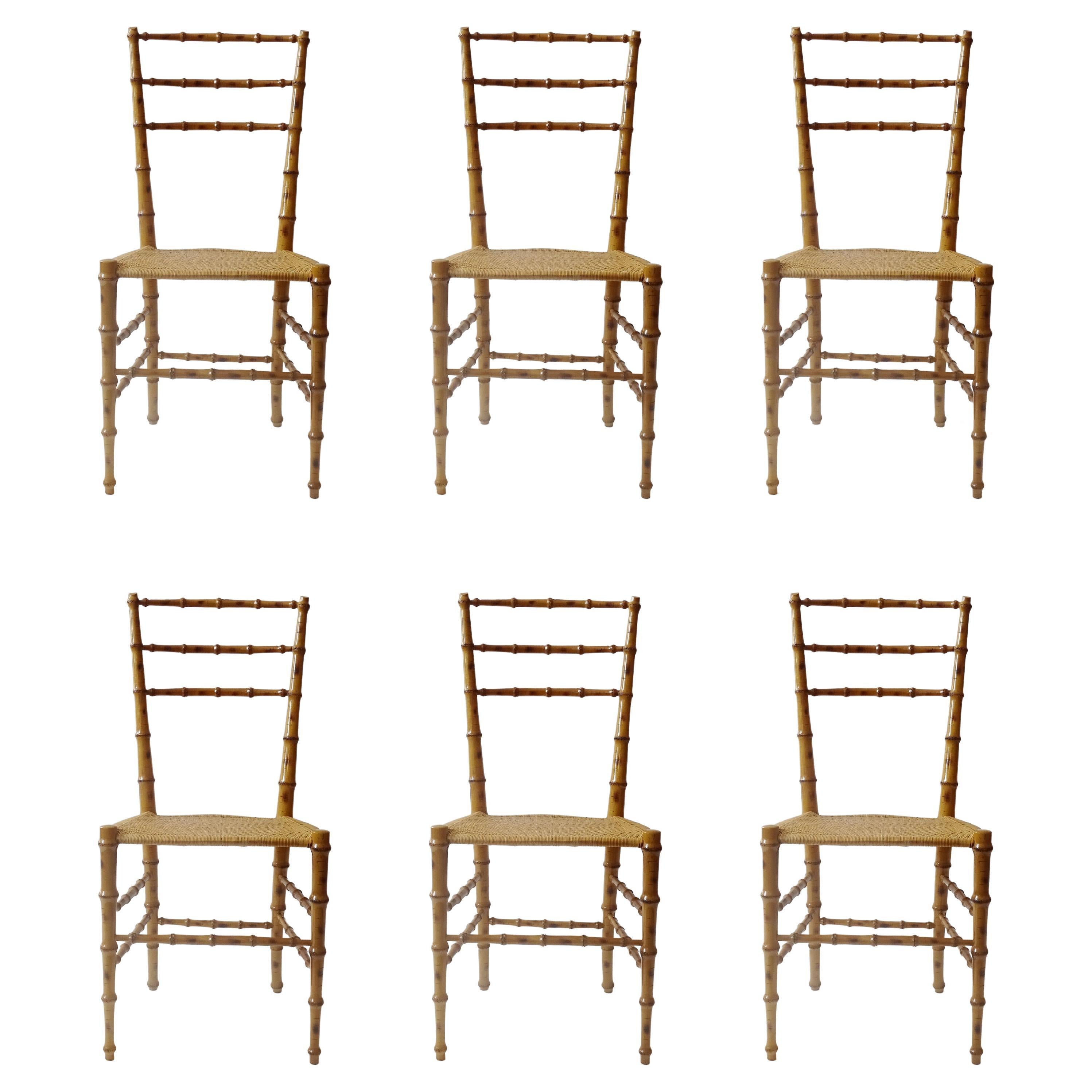 Splendid set of Six Faux Bamboo Chiavarina Chairs, Italy 1950s