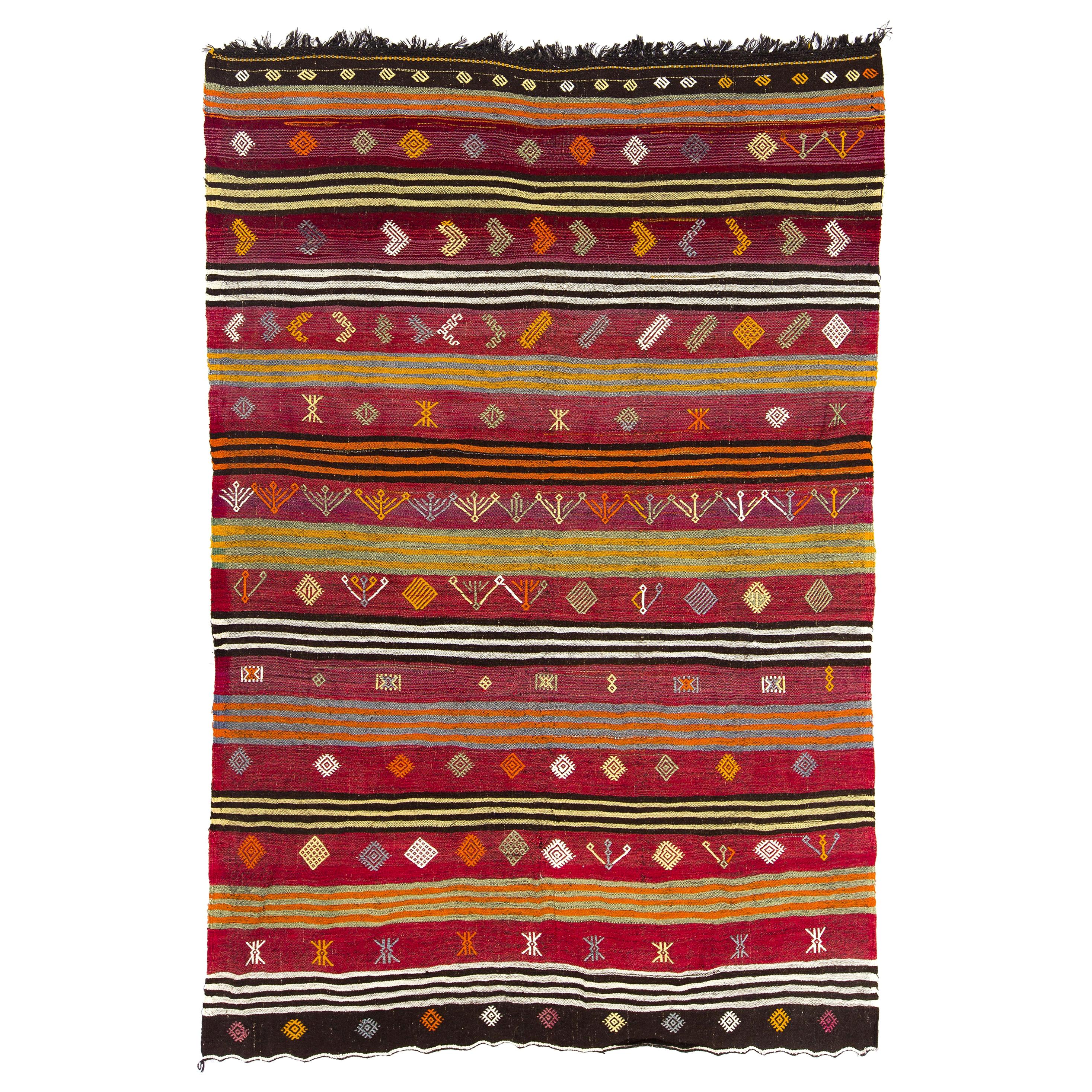 5.6x7 Ft HandWoven Vintage Kilim Rug with Stripes. 100 Wool Floor