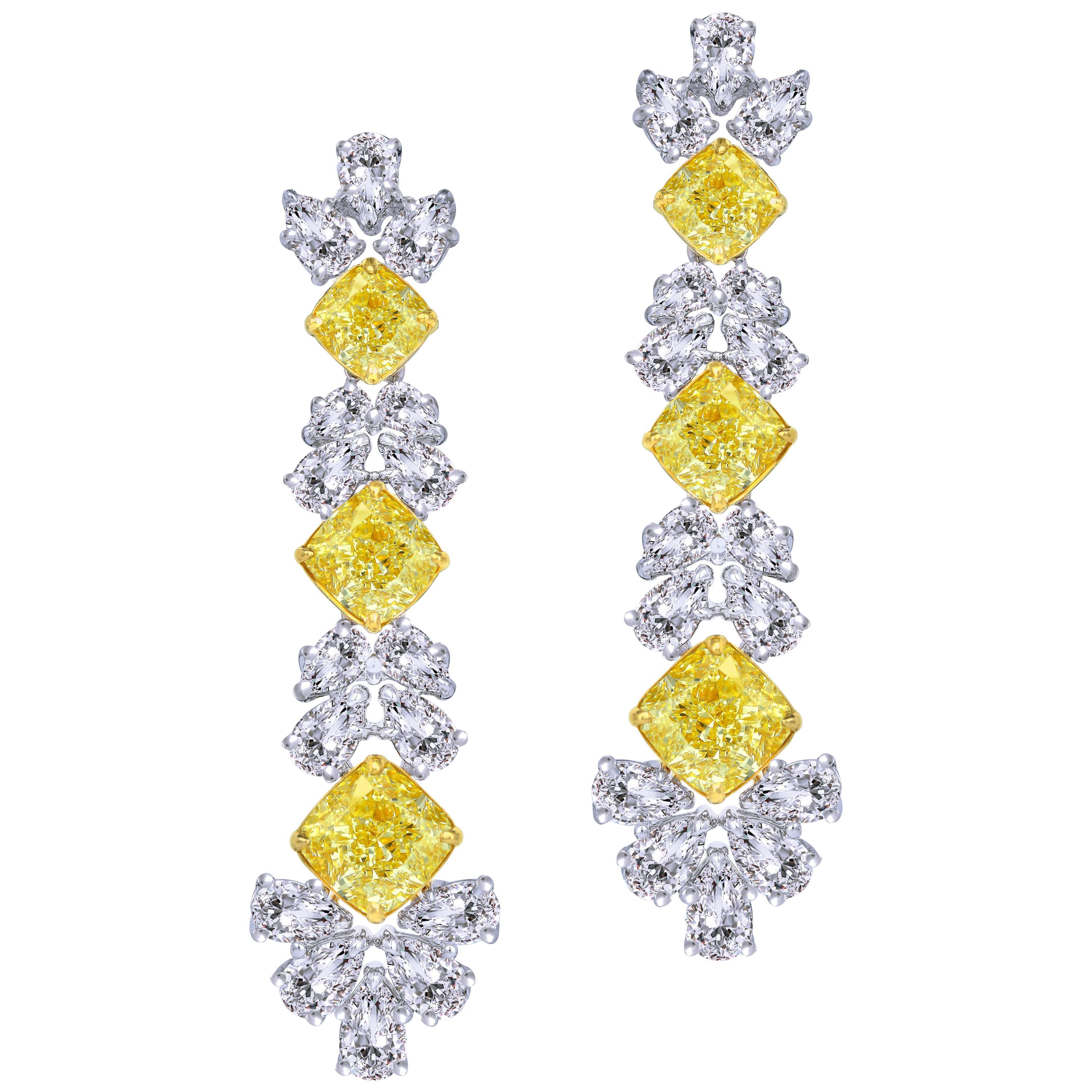 Splendid Yellow Cushion Diamond Drop Earring, 16.22 Carat For Sale