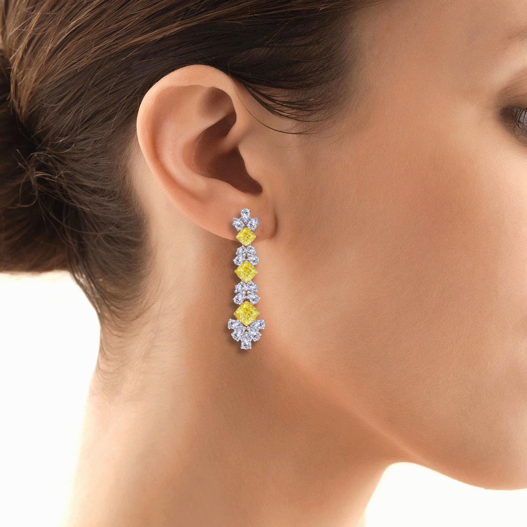 A timeless piece of jewelry like these earrings is for your special occasions. Earring has matching 1ct, 1.5ct and 2ct each yellow cushion diamonds perfectly paired with white pear shape diamonds interspersed to create a mesmerising piece of
