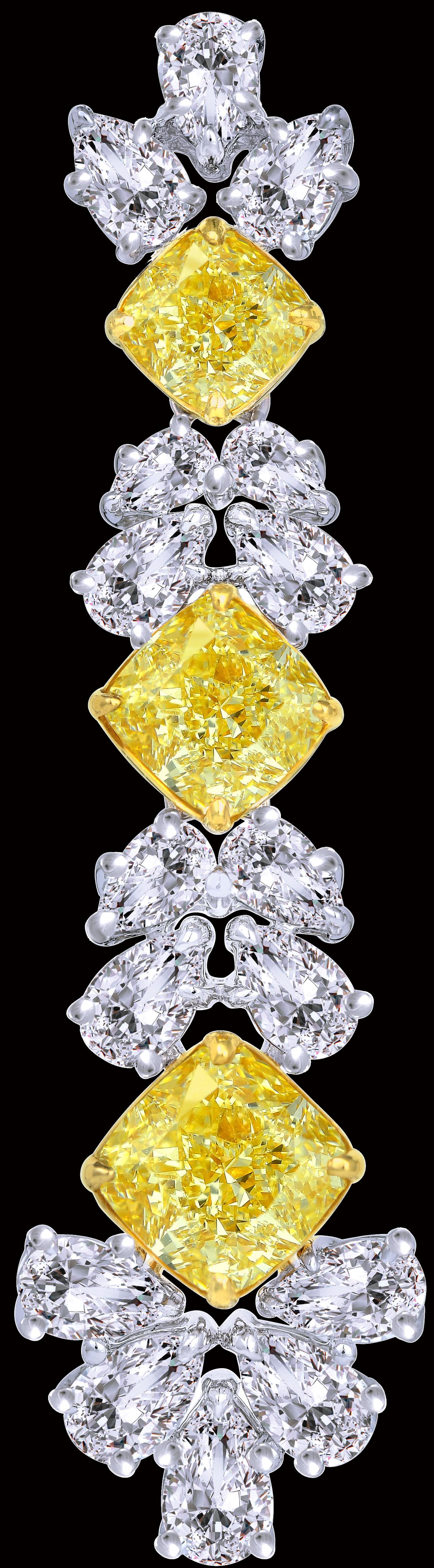 Contemporary Splendid Yellow Cushion Diamond Drop Earring, 16.22 Carat For Sale
