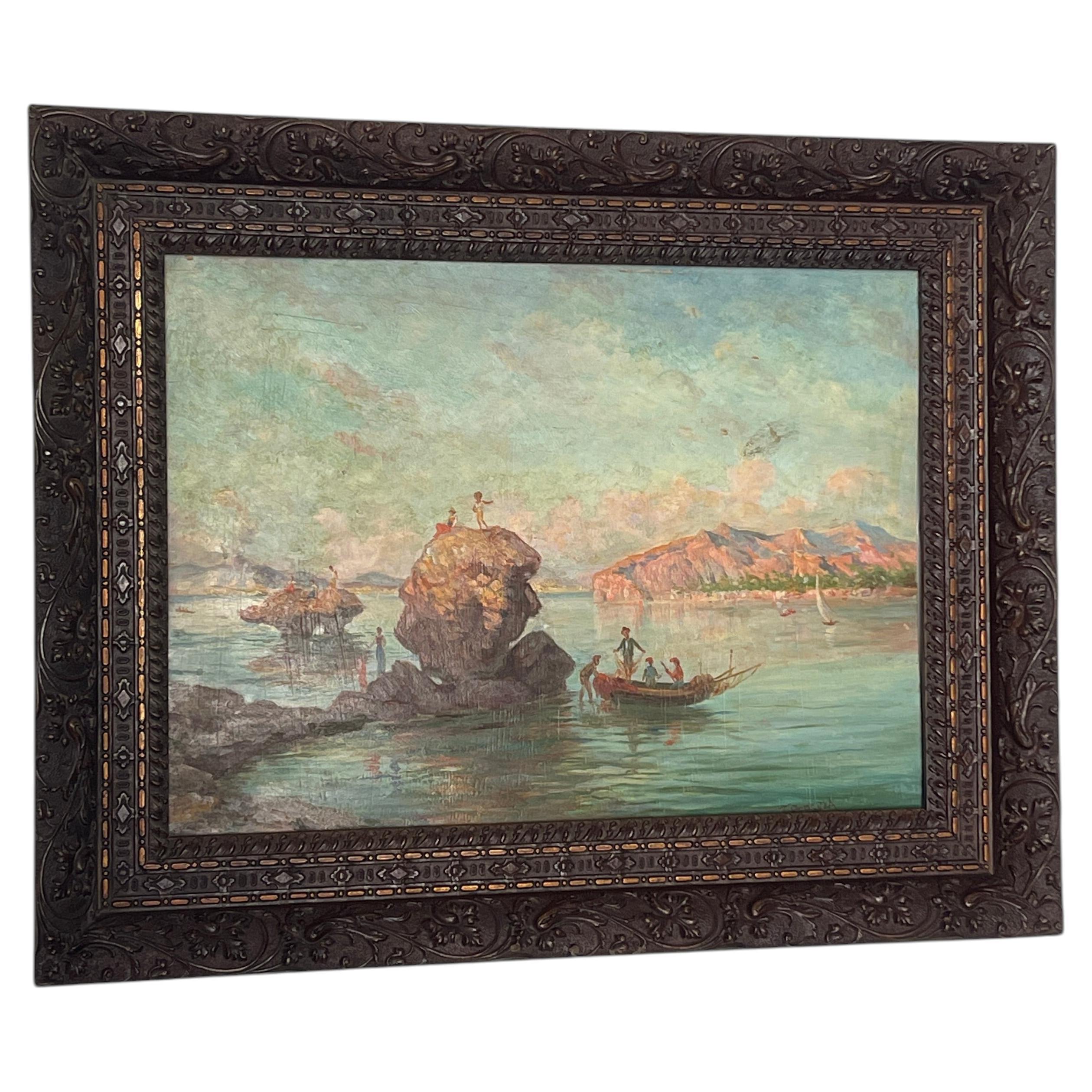 Wonderful landscape oil on canvas painting with decorative frame, 1970s For Sale