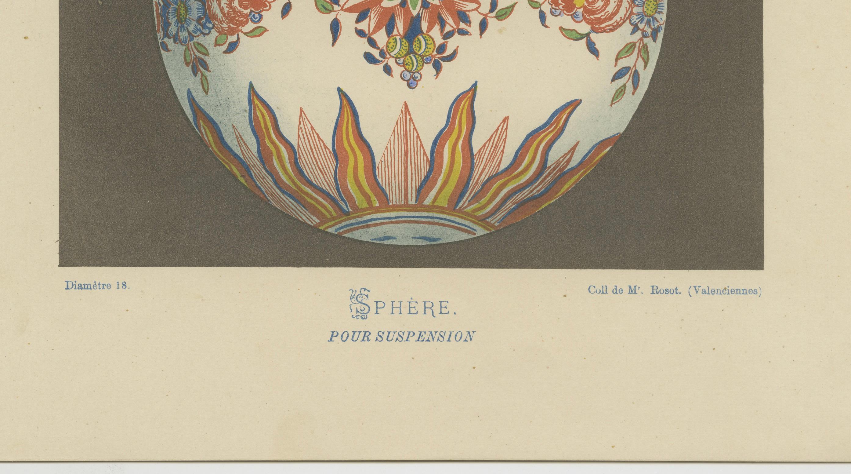 Splendor and Abundance: Sinceny Ceramic Plates - Chromolithograph Plate 74

This is a chromolithograph of ceramic plates from Sinceny, a region known for its earthenware. The print, Plate 74, features two distinct designs: the upper plate is adorned