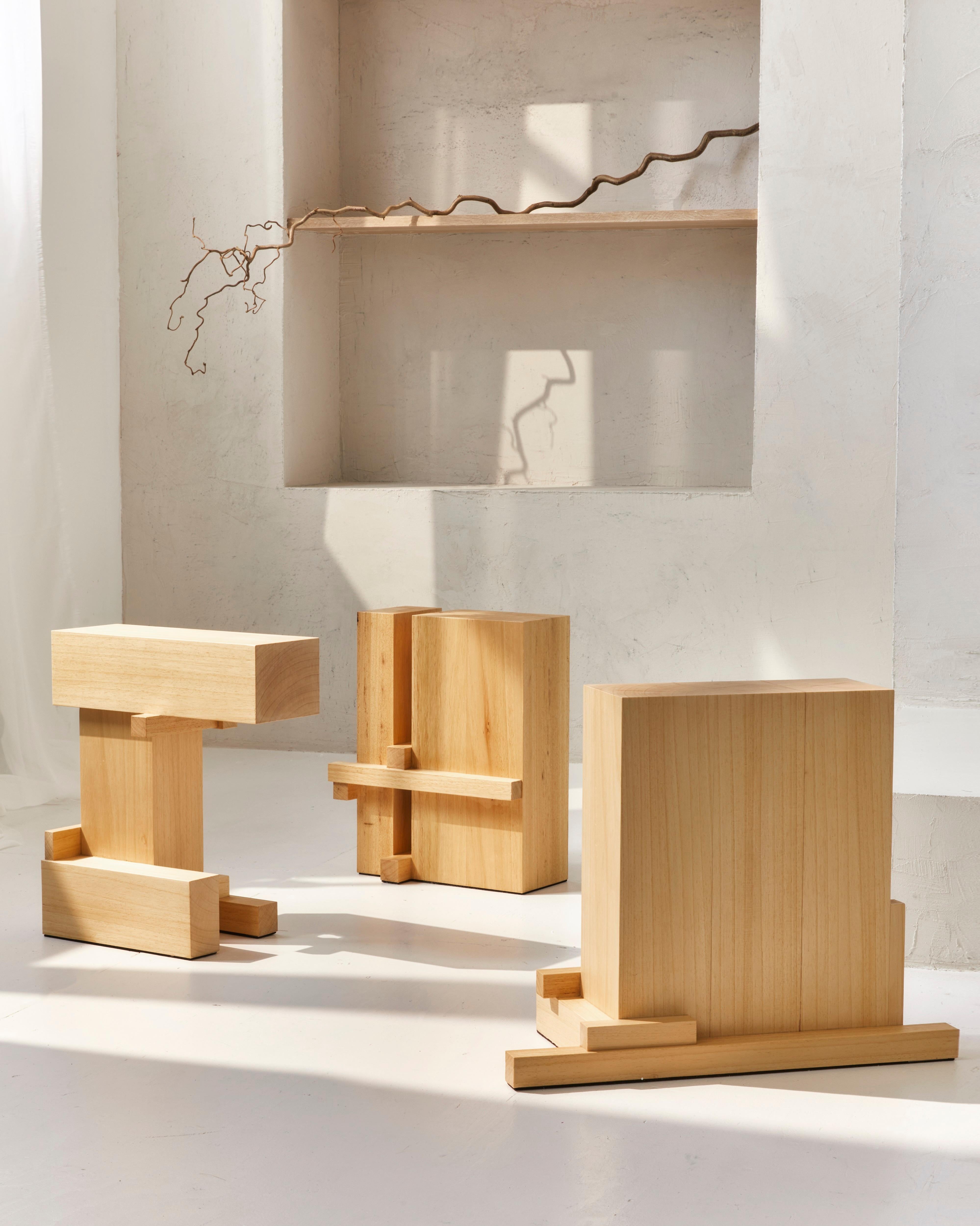 Dutch Japanese Minimalist Abachi Wood Accent Splint Side Table #1 by Sho Ota For Sale