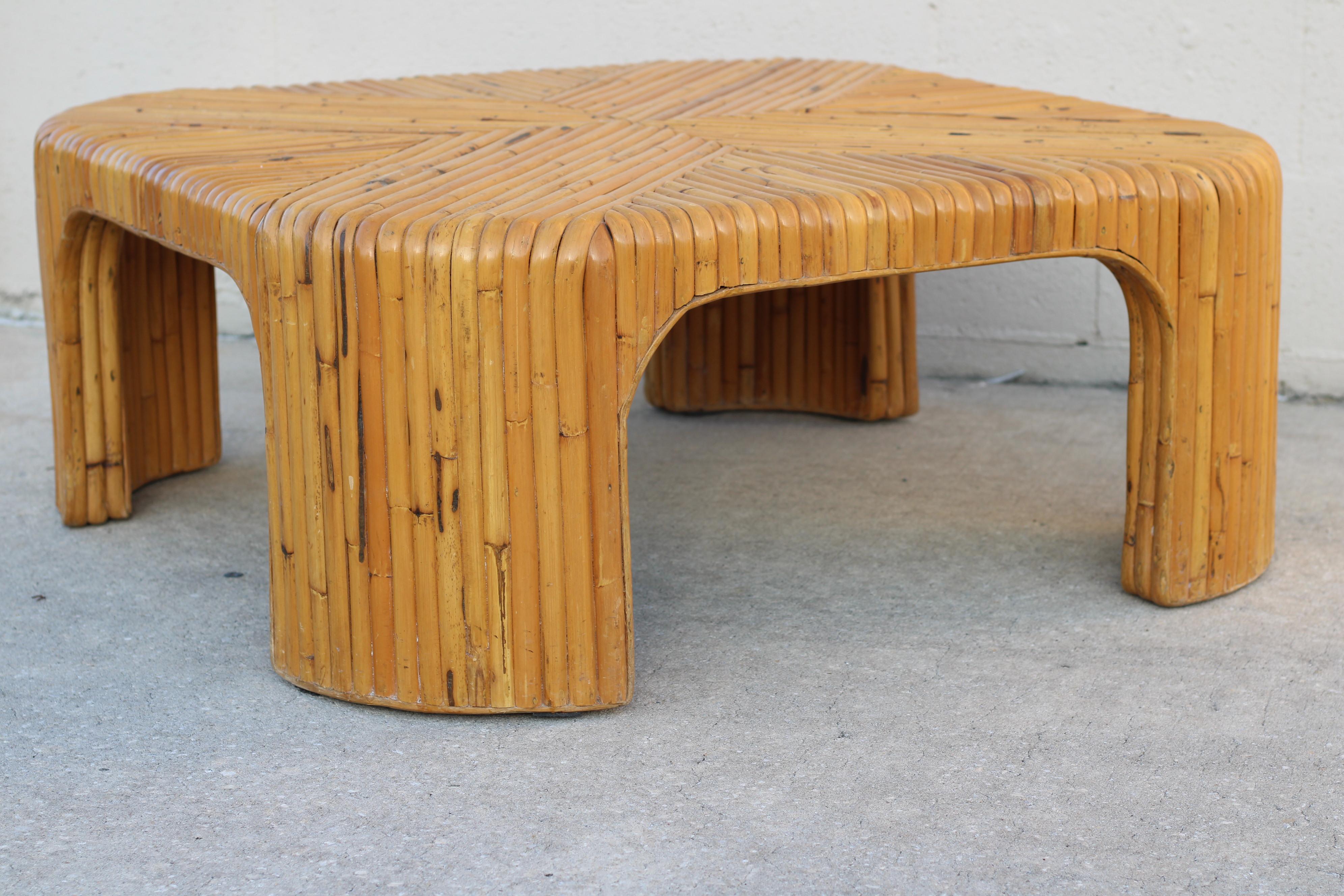 Organic Modern Vintage Split Bamboo Coffee Table with Waterfall Corners For Sale