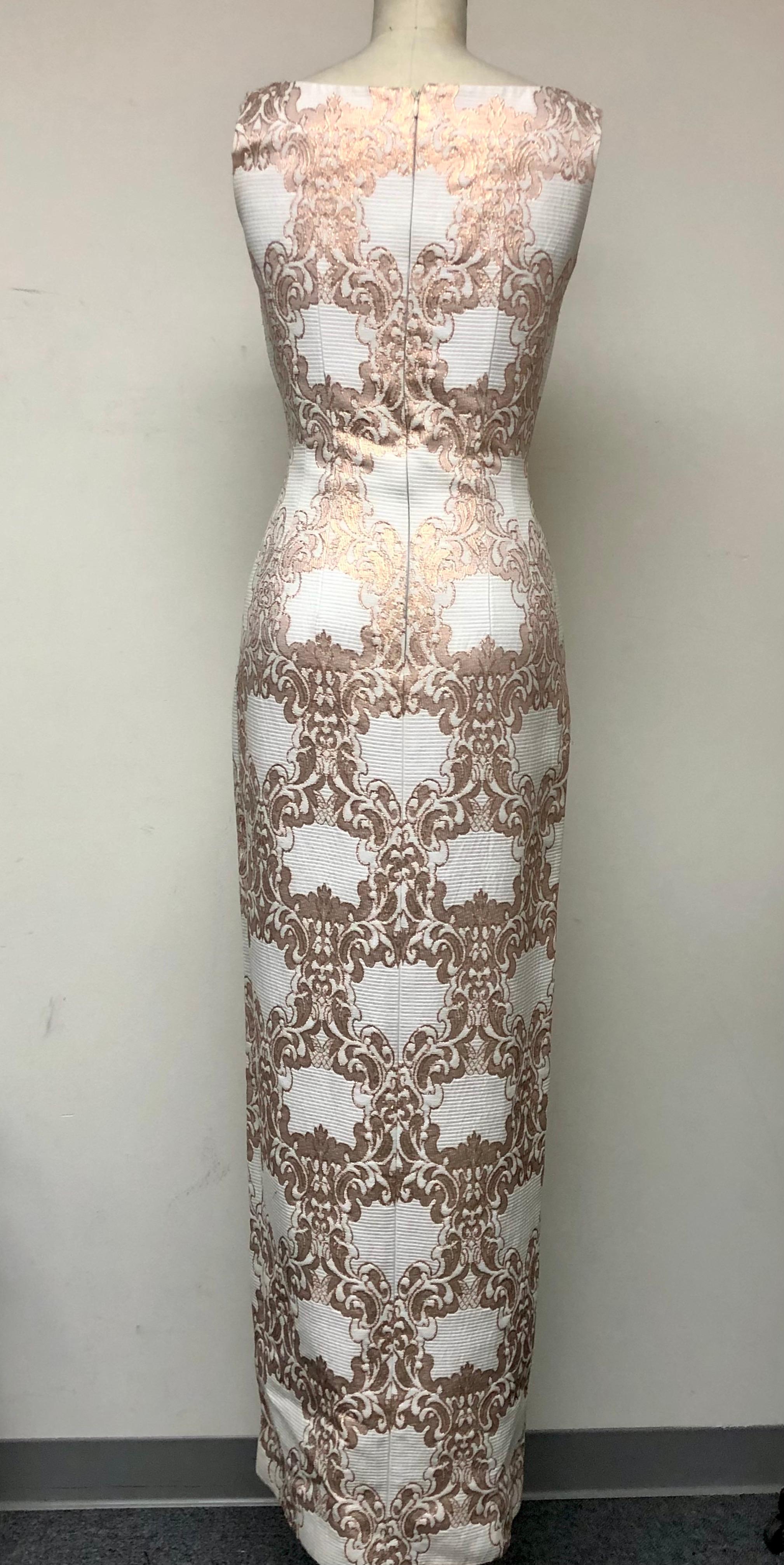 Split Bodice Column Gown in Gold and White French Ottoman Brocade In Excellent Condition In Los Angeles, CA