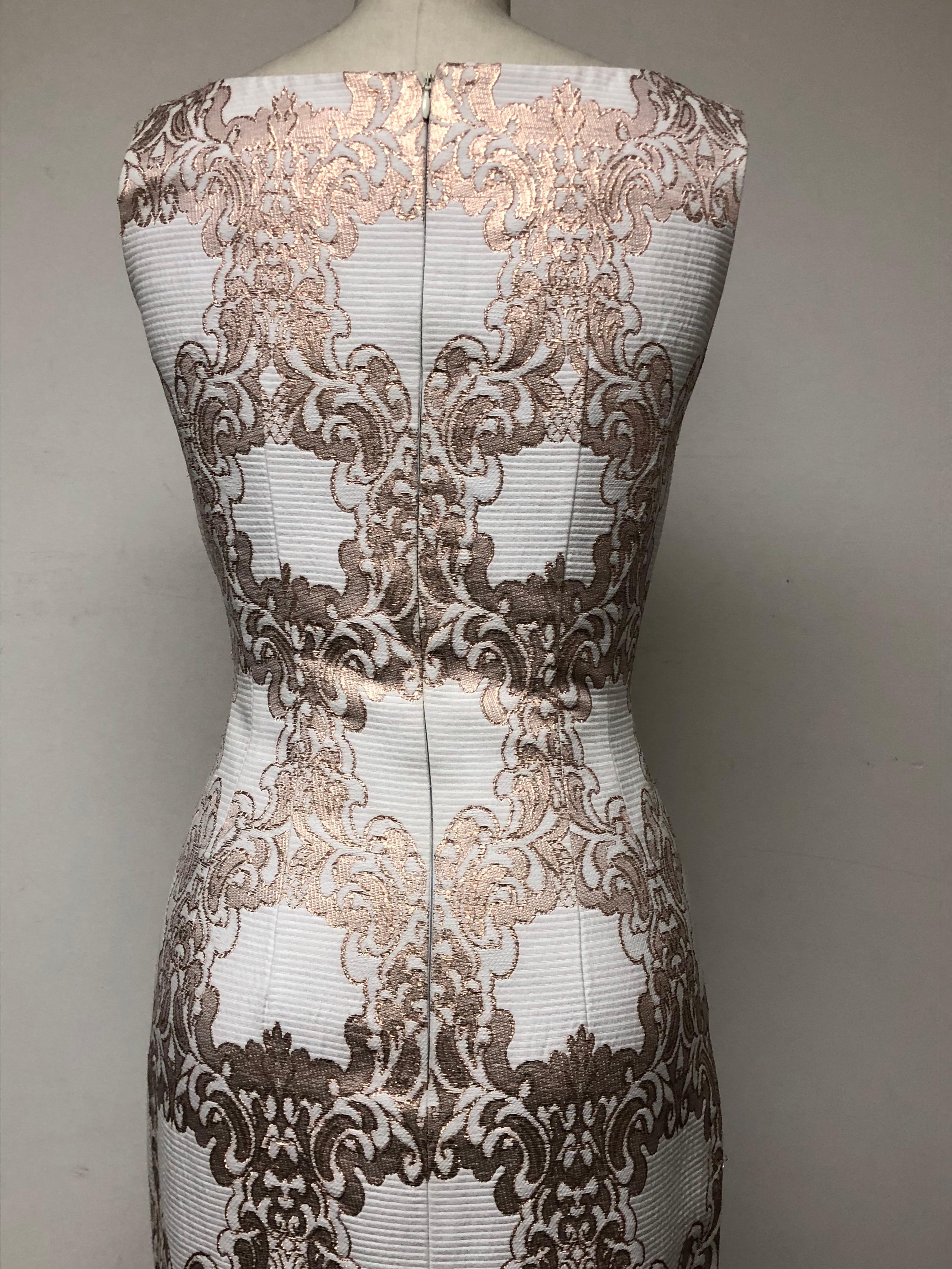 Women's Split Bodice Column Gown in Gold and White French Ottoman Brocade