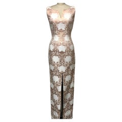 Split Bodice Column Gown in Gold and White French Ottoman Brocade