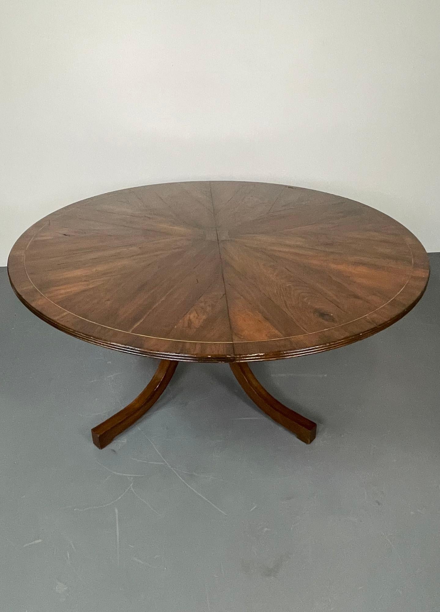 French Provincial Holly Hunt Split C-Leg Rustic Dining Table, Circular, Brass Inlays