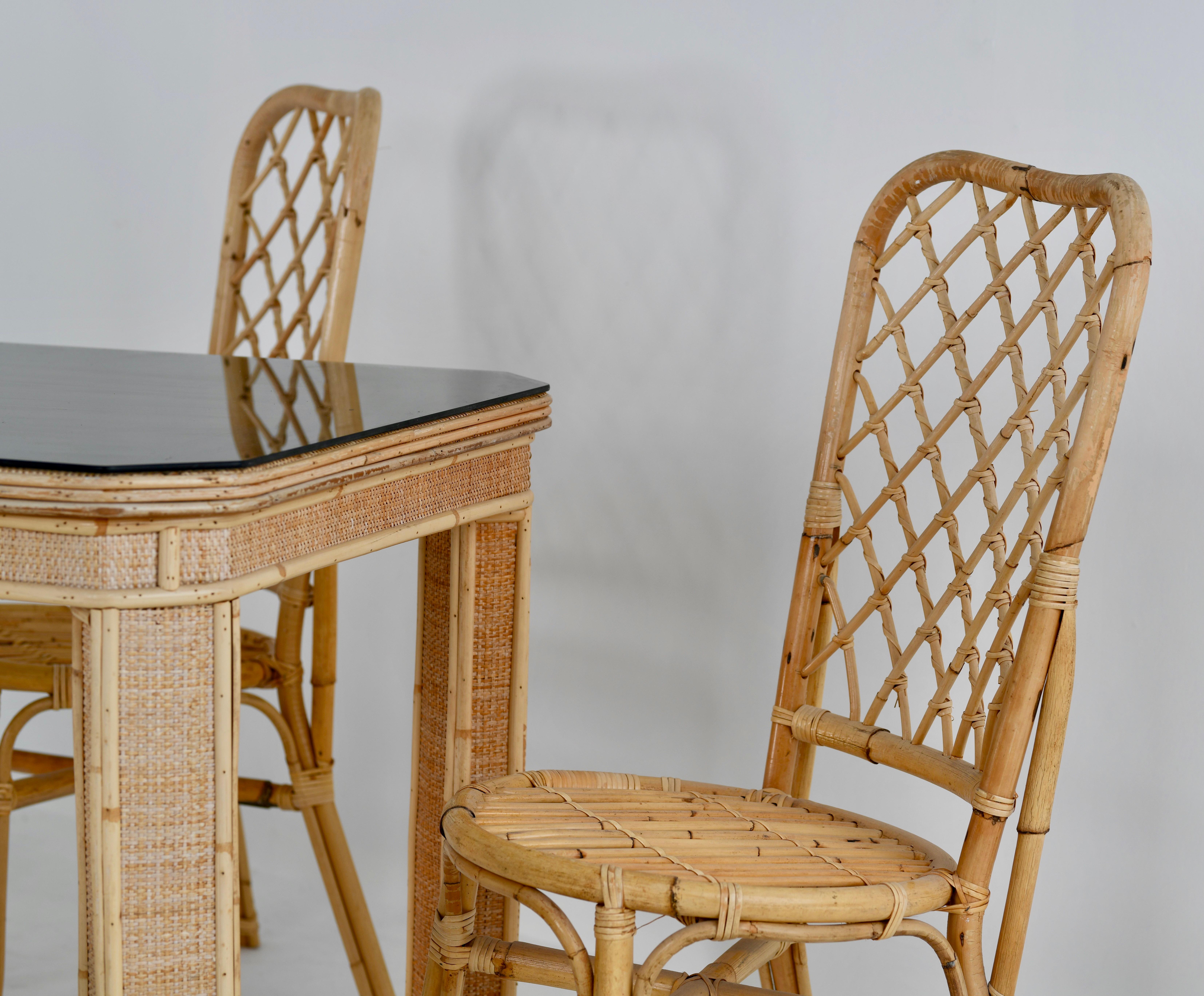 Bohemian Split Cane Bamboo Table and Chair Set, Italian, 1960s For Sale