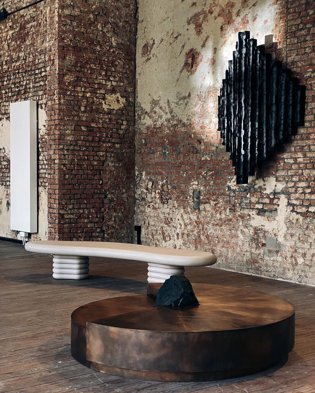 Split Circle Bronze Unique Coffee Table, Rough Black Stone by Pierre De Valck For Sale 2