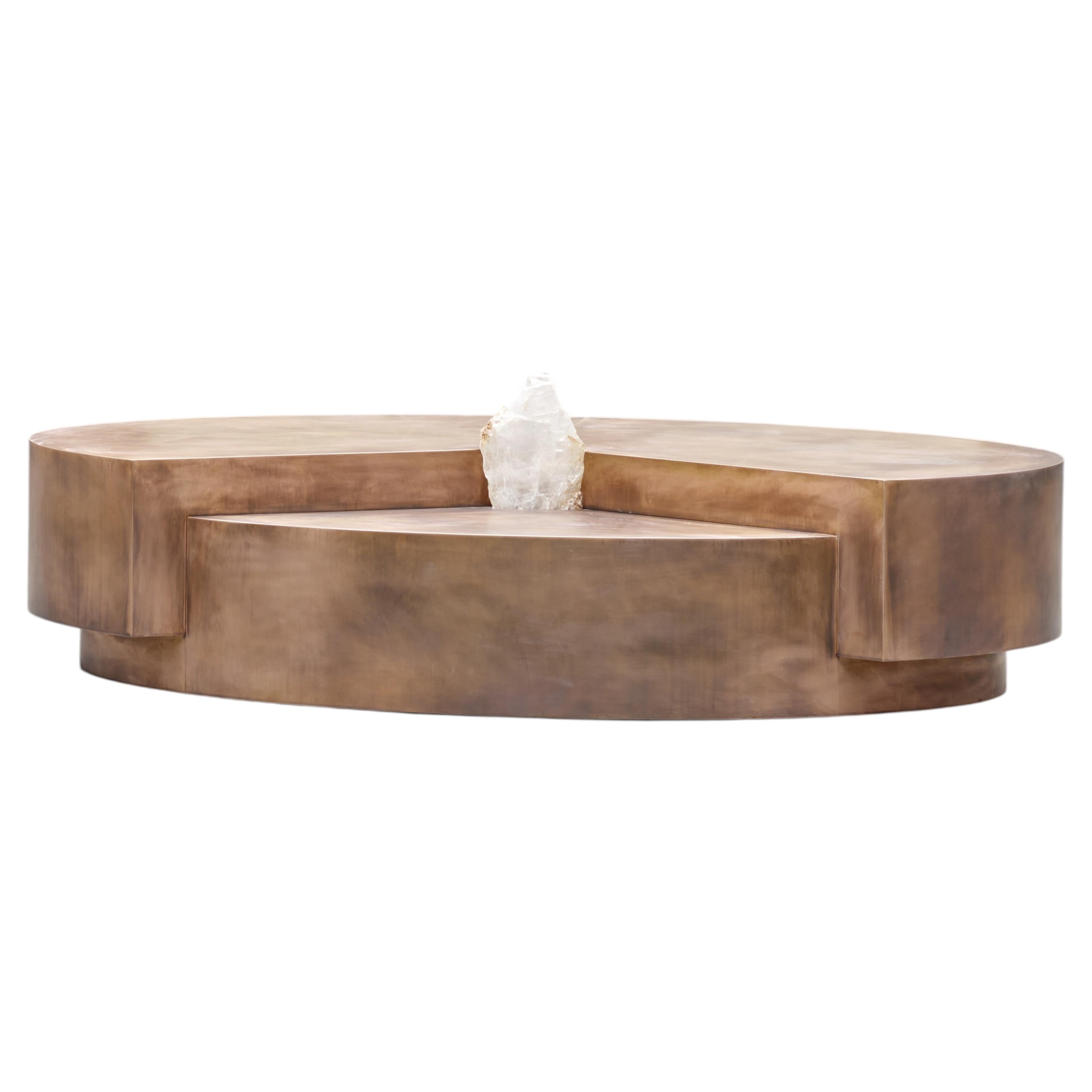 Split Circle Bronze Unique Coffee Table, Rough Crystal Stone by Pierre De Valck For Sale