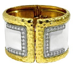 Split Front 1 3/4 Inch Wide Yellow Gold, White Enamel, & Diamond Cuff Bracelet