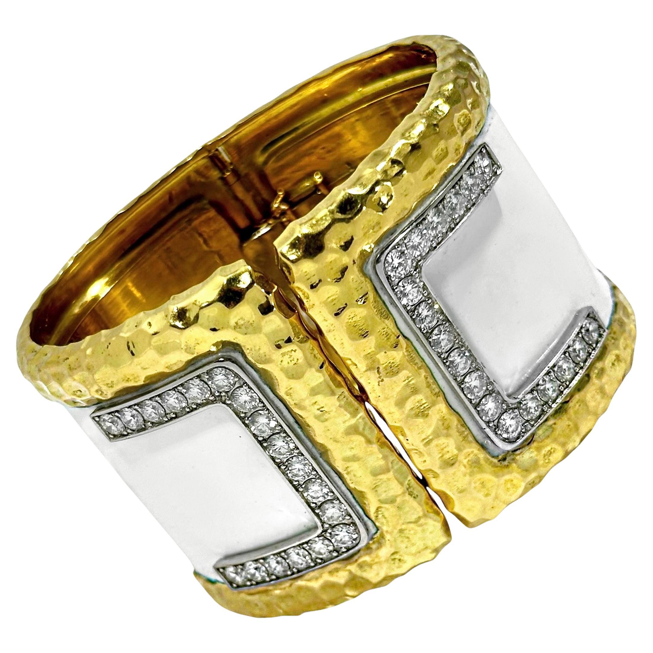 Split Front 1 3/4 Inch Wide Yellow Gold, White Enamel, & Diamond Cuff Bracelet