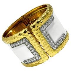 Split Front 1 3/4 Inch Wide Yellow Gold, White Enamel, & Diamond Cuff Bracelet