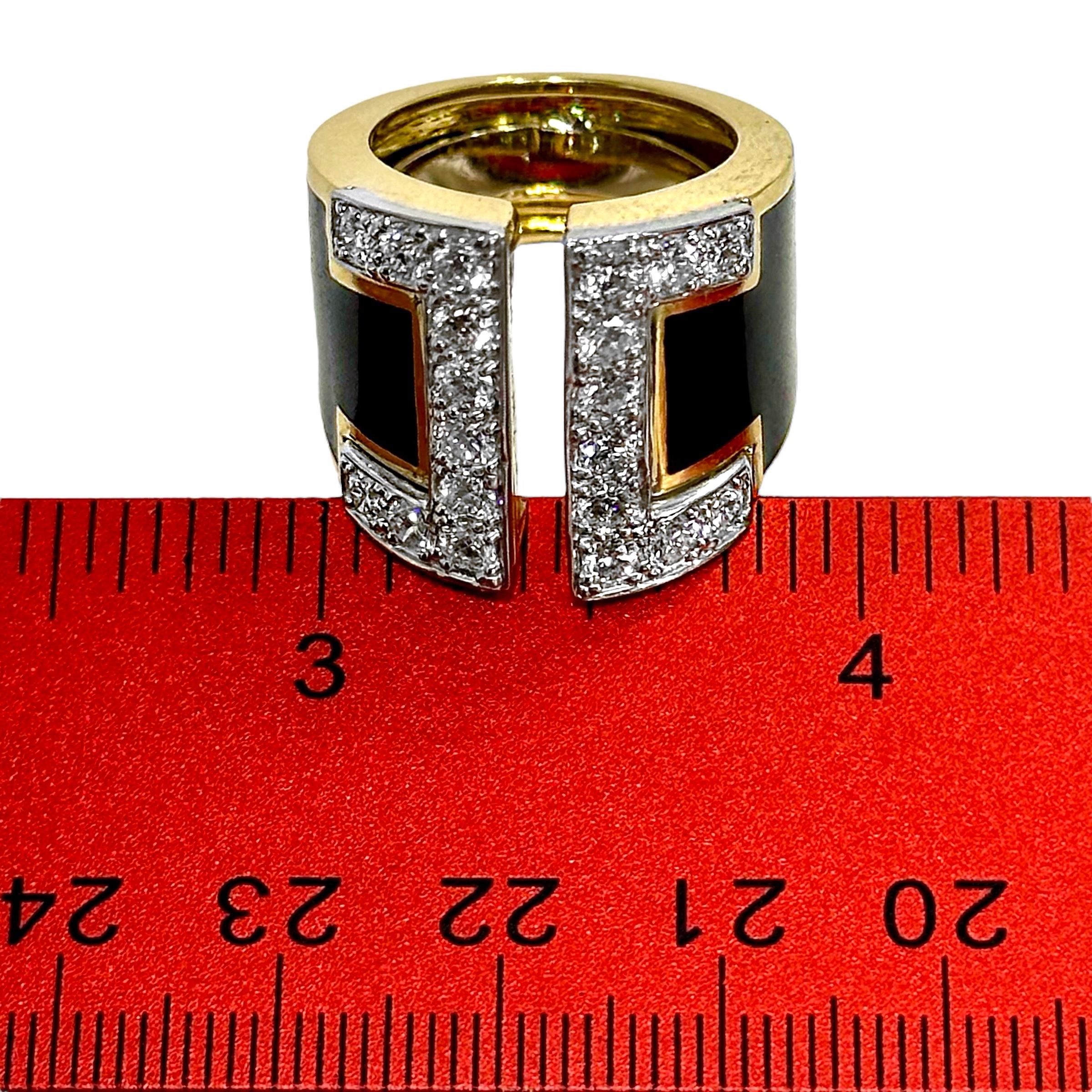 Split Front 18K Yellow Gold, Platinum, Black Enamel, and Diamond Ring For Sale 4