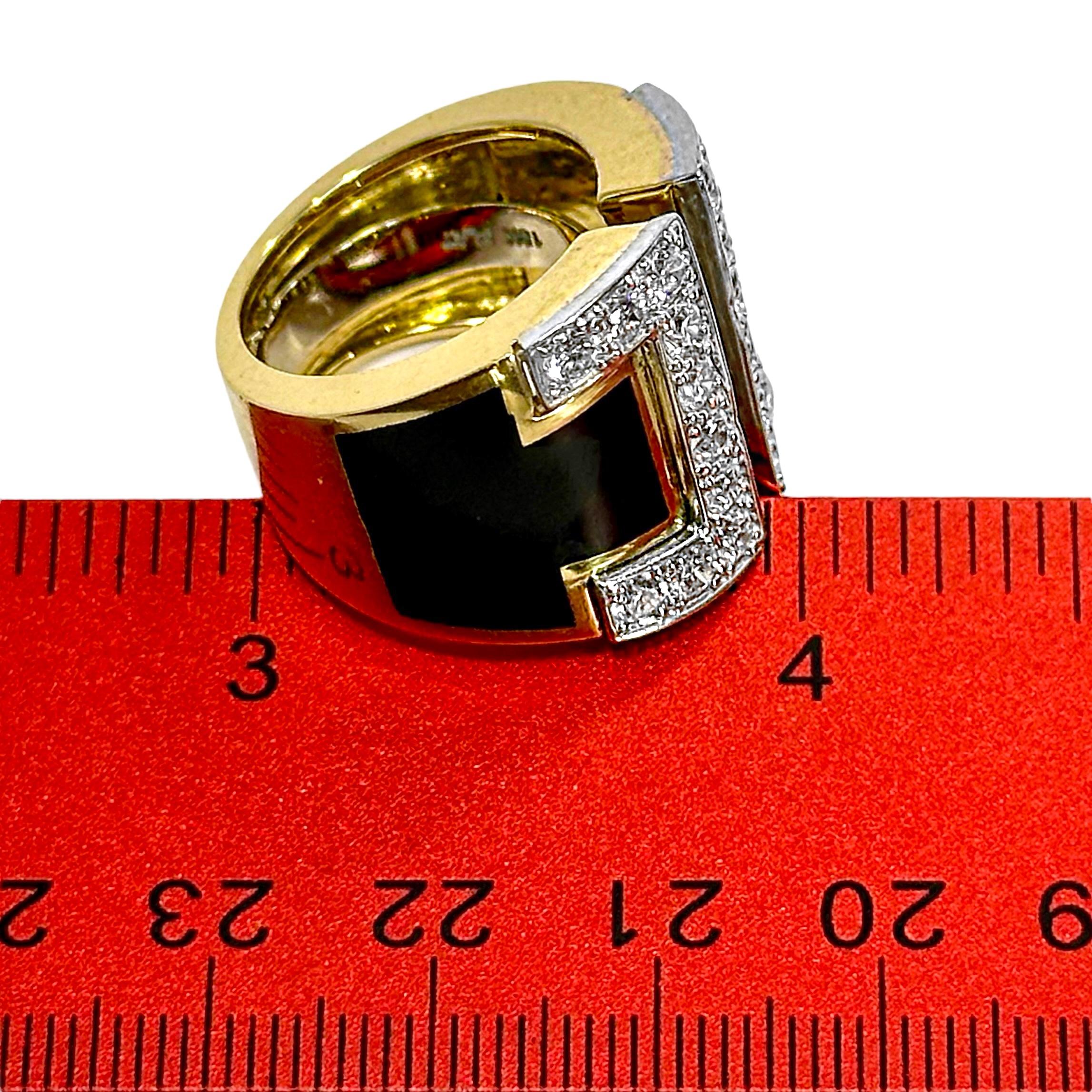 Split Front 18K Yellow Gold, Platinum, Black Enamel, and Diamond Ring For Sale 5
