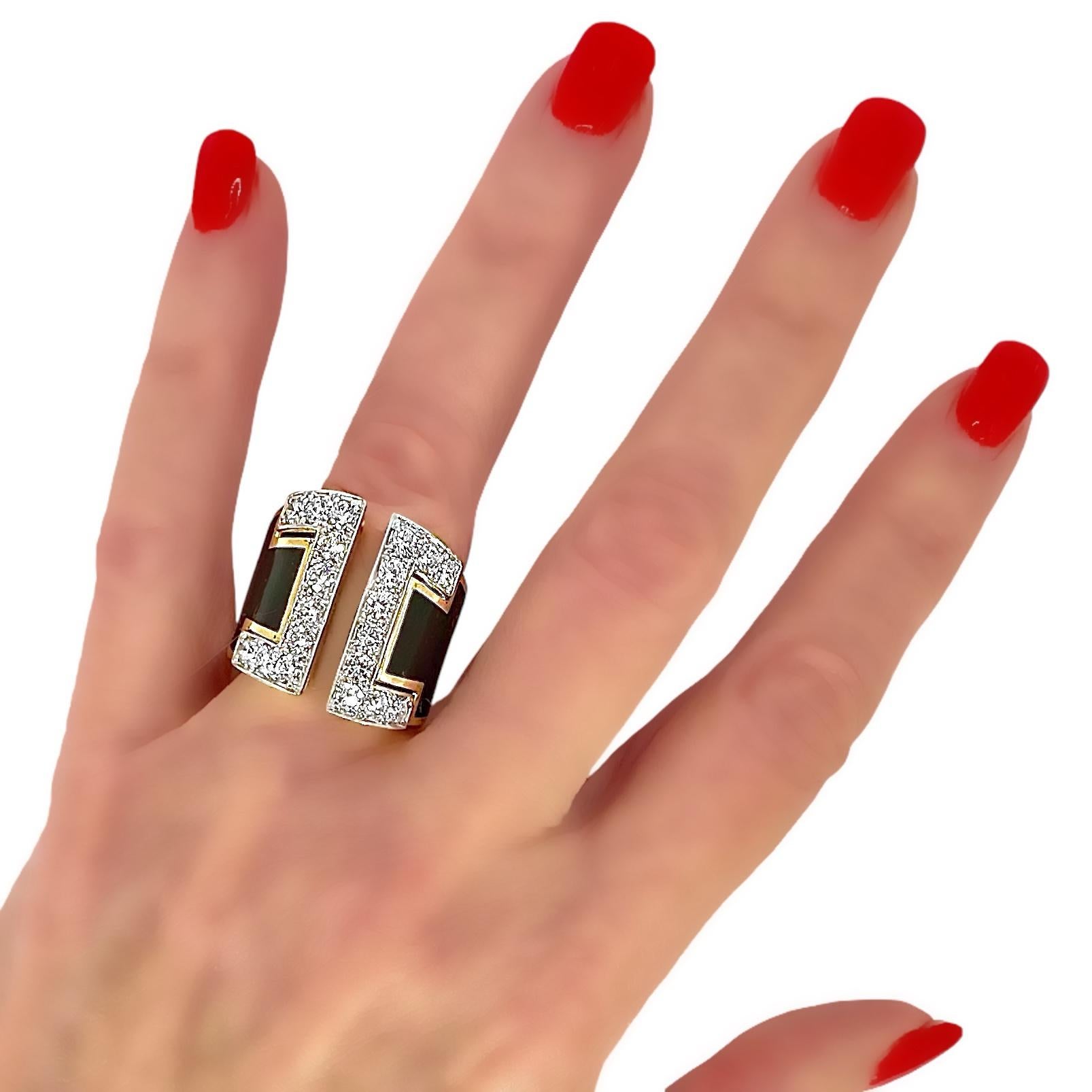 Split Front 18K Yellow Gold, Platinum, Black Enamel, and Diamond Ring For Sale 6