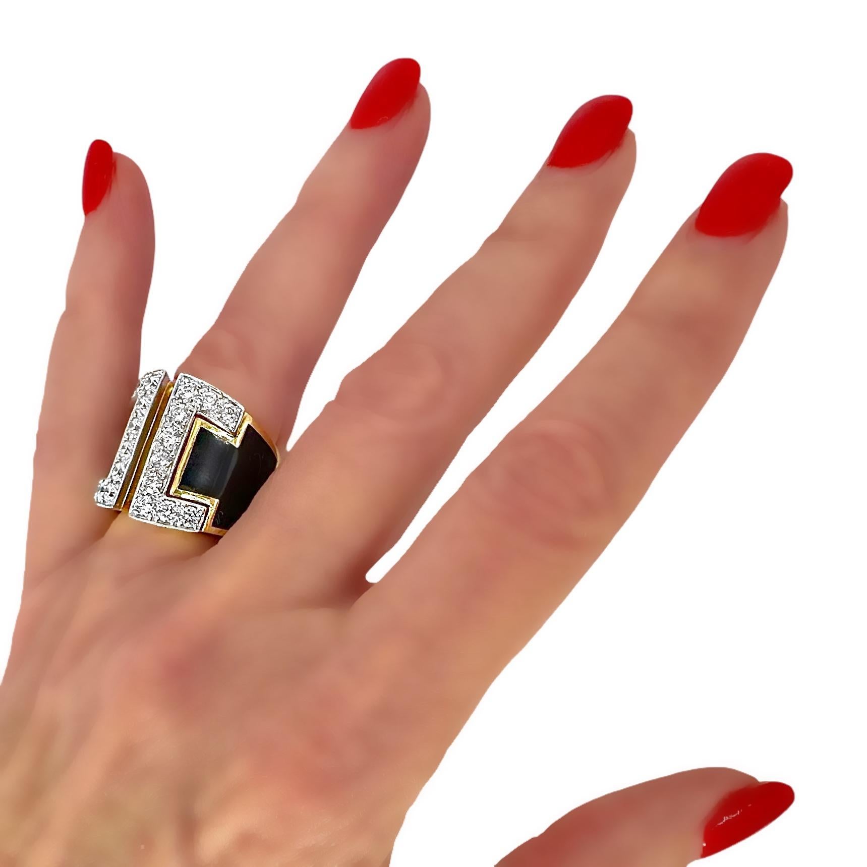 Split Front 18K Yellow Gold, Platinum, Black Enamel, and Diamond Ring For Sale 7