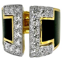 Split Front 18K Yellow Gold, Platinum, Black Enamel, and Diamond Ring