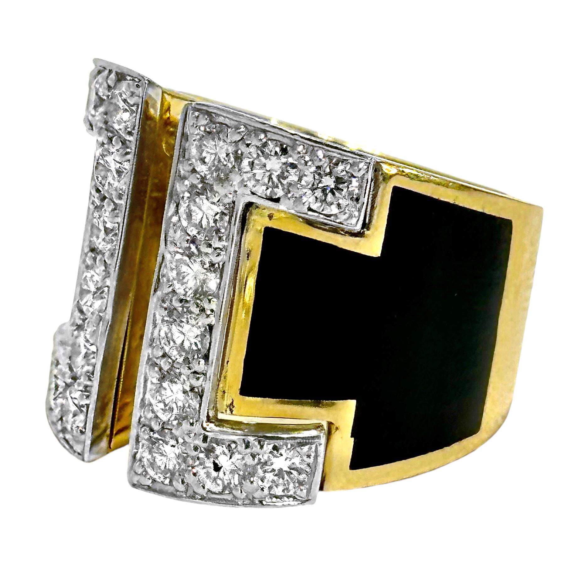 Modern Split Front 18K Yellow Gold, Platinum, Black Enamel, and Diamond Ring For Sale