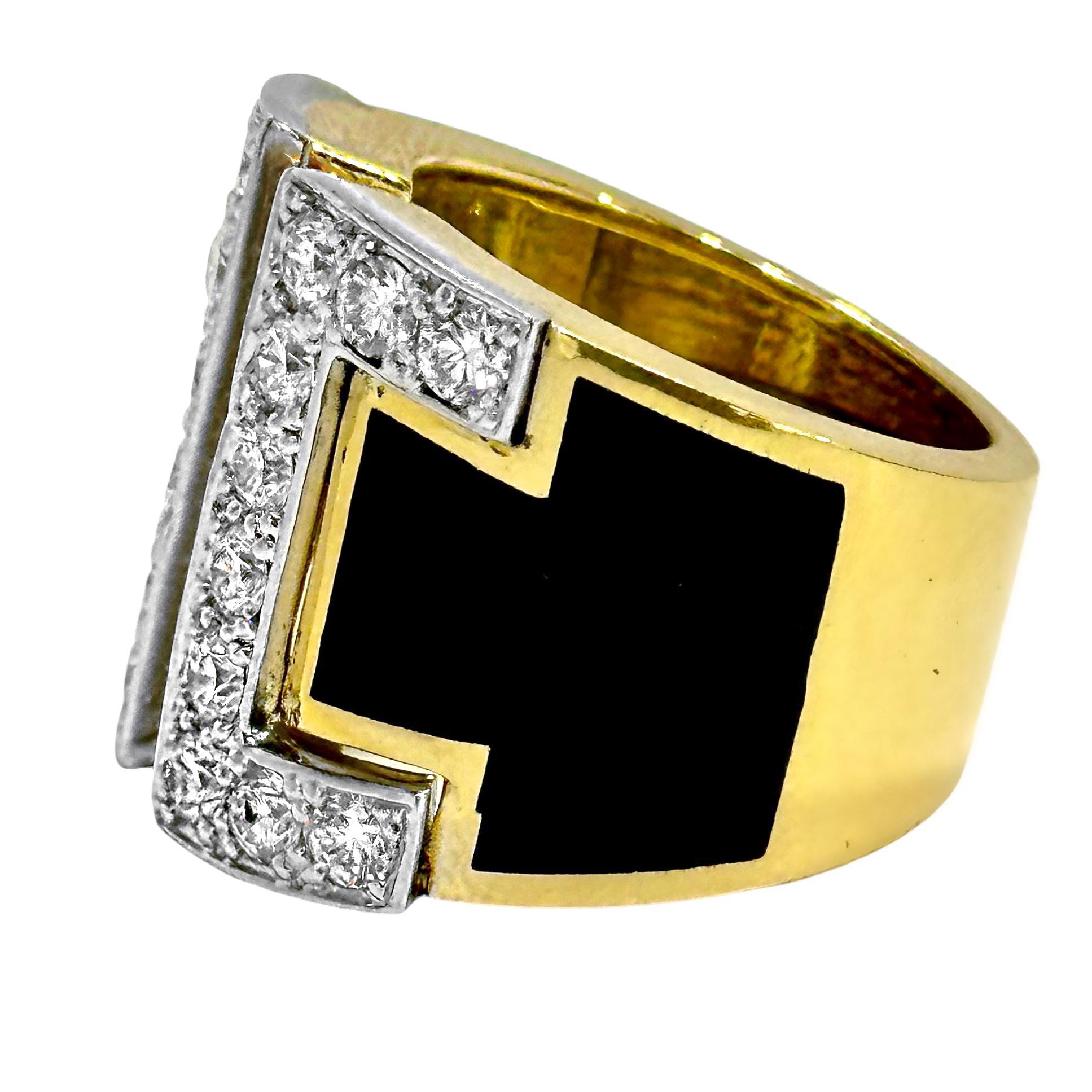 Brilliant Cut Split Front 18K Yellow Gold, Platinum, Black Enamel, and Diamond Ring For Sale