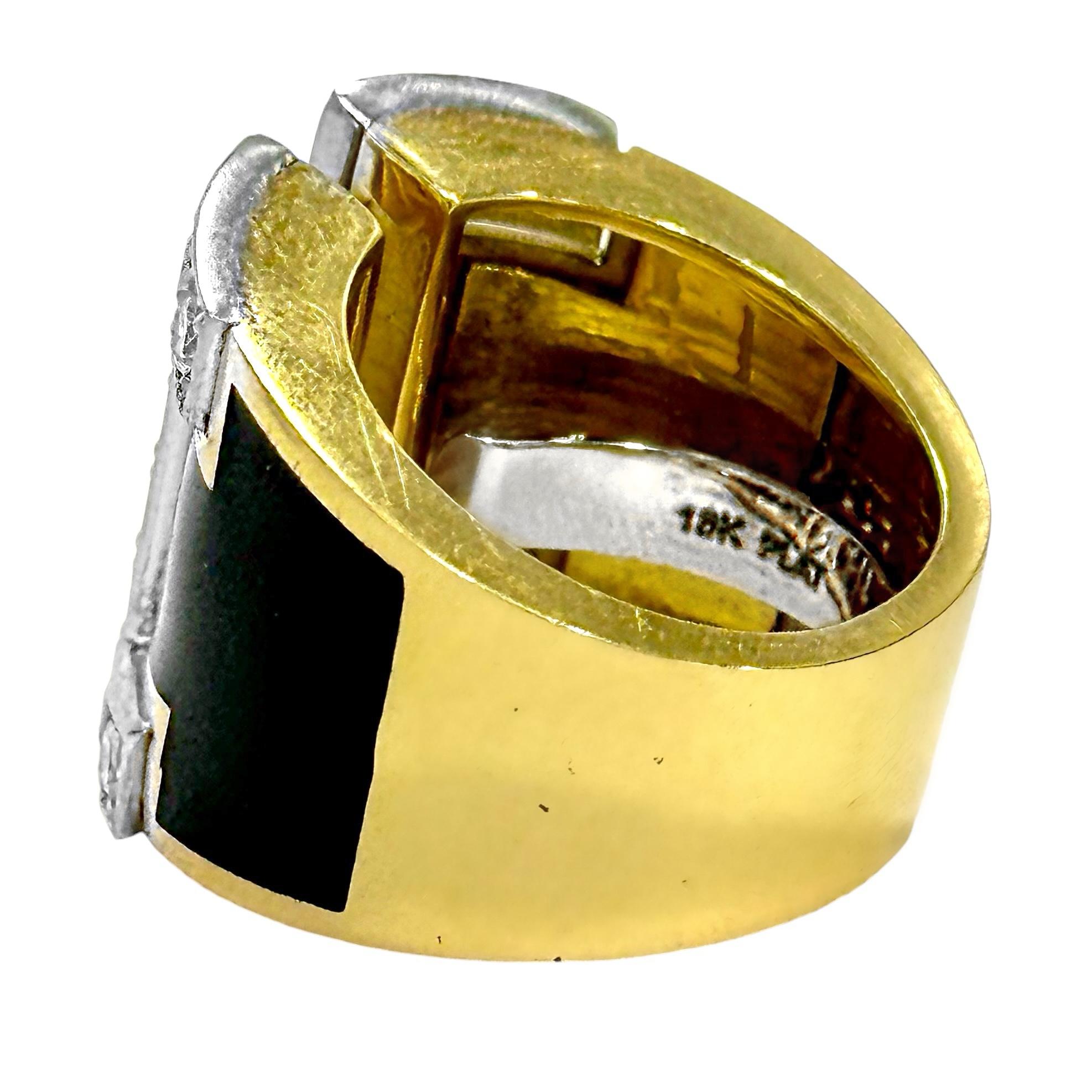 Split Front 18K Yellow Gold, Platinum, Black Enamel, and Diamond Ring In Good Condition For Sale In Palm Beach, FL