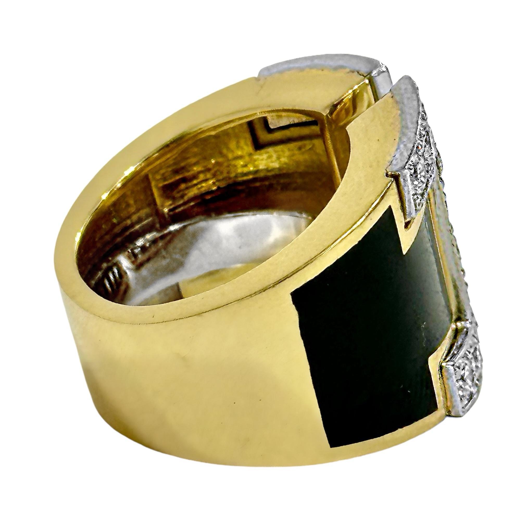 Split Front 18K Yellow Gold, Platinum, Black Enamel, and Diamond Ring For Sale 1