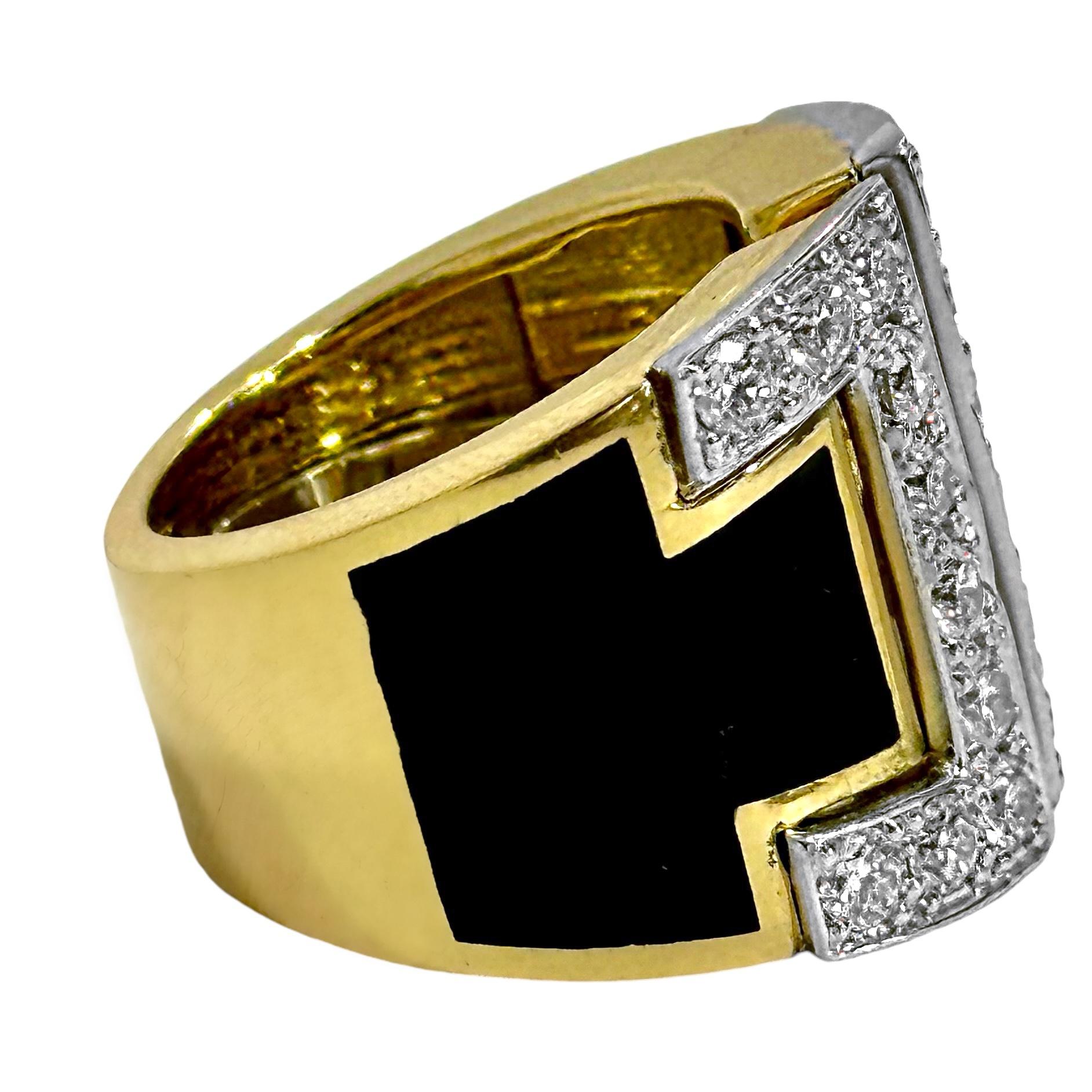Split Front 18K Yellow Gold, Platinum, Black Enamel, and Diamond Ring For Sale 2