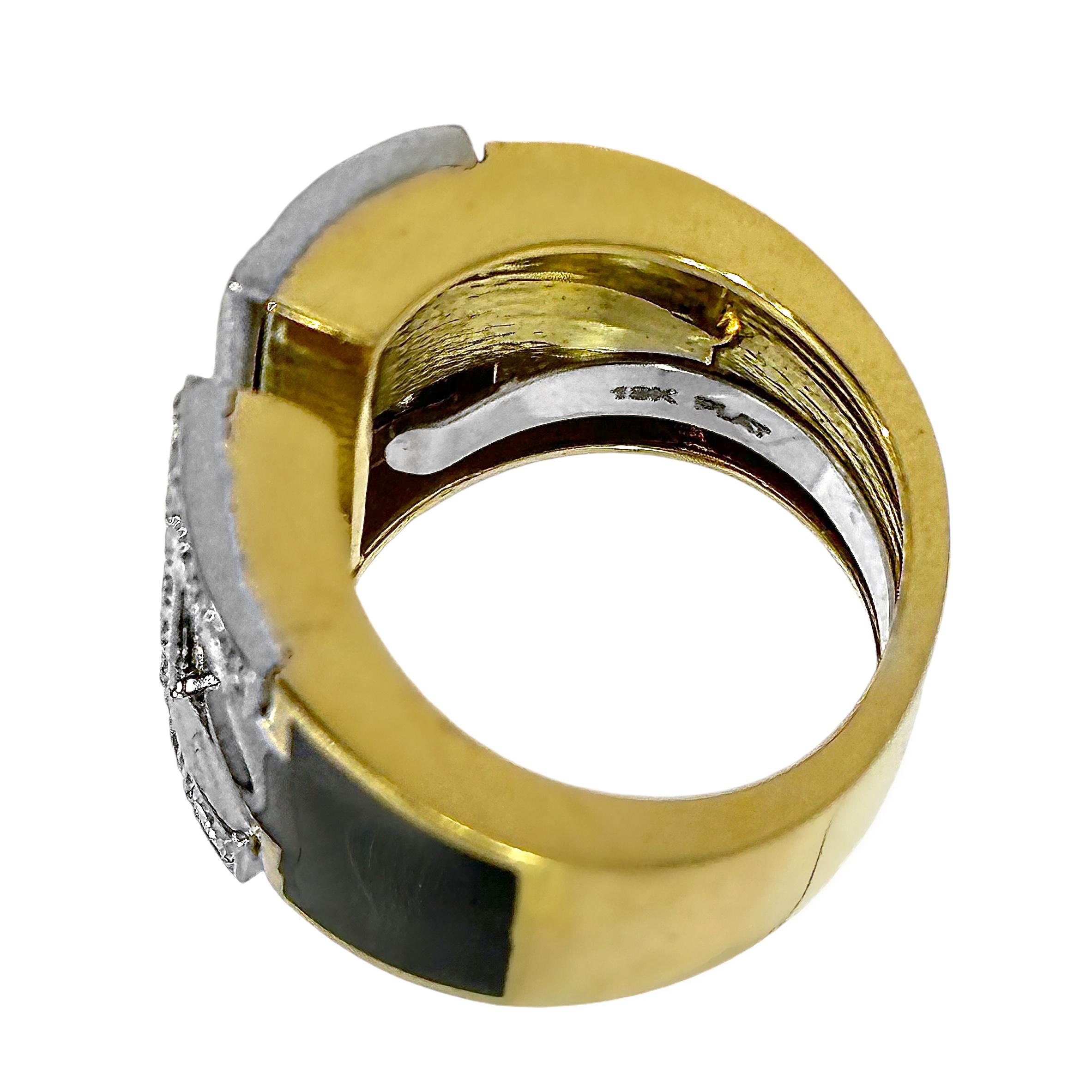 Split Front 18K Yellow Gold, Platinum, Black Enamel, and Diamond Ring For Sale 3