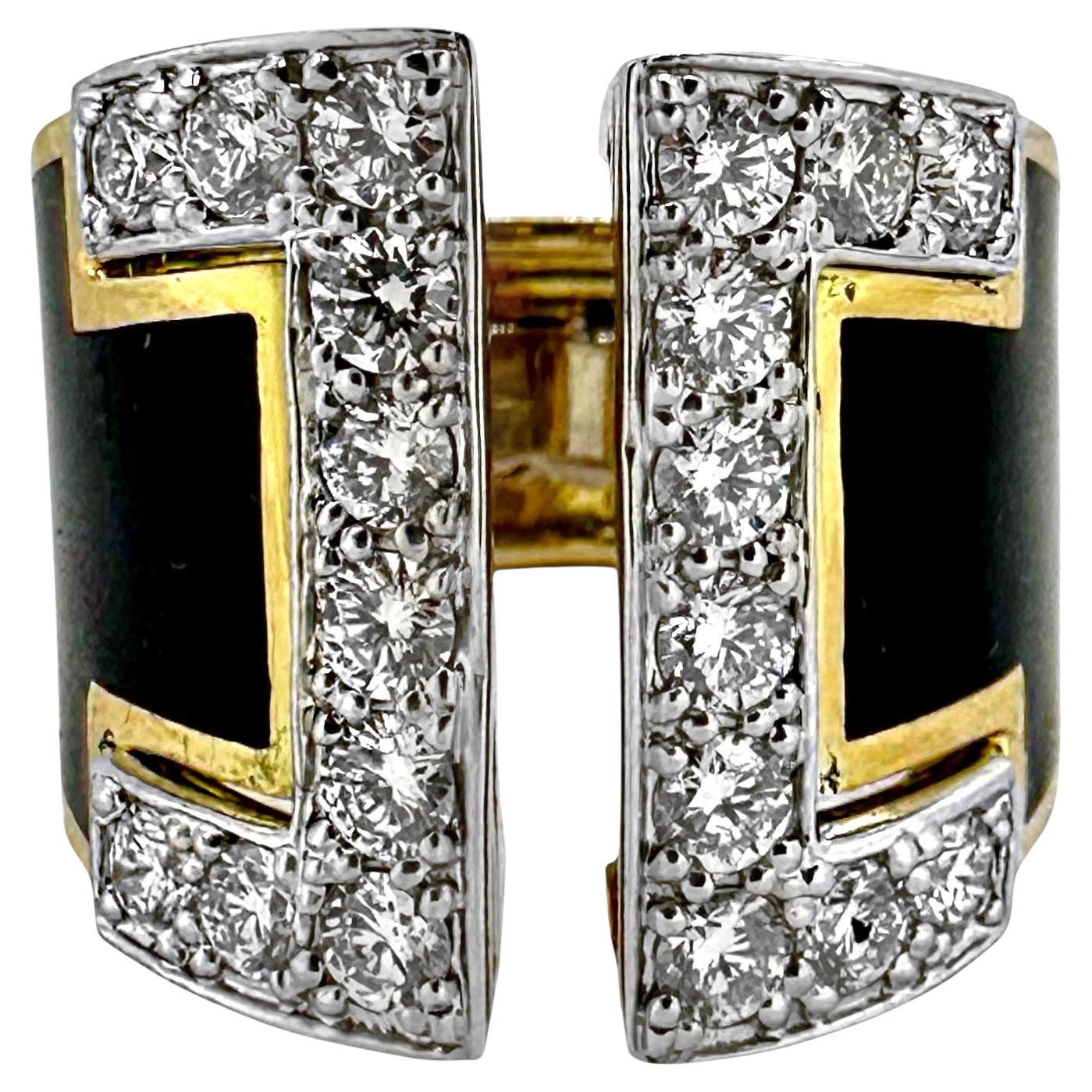 Split Front 18K Yellow Gold, Platinum, Black Enamel, and Diamond Ring For Sale