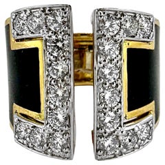 Split Front 18K Yellow Gold, Platinum, Black Enamel, and Diamond Ring