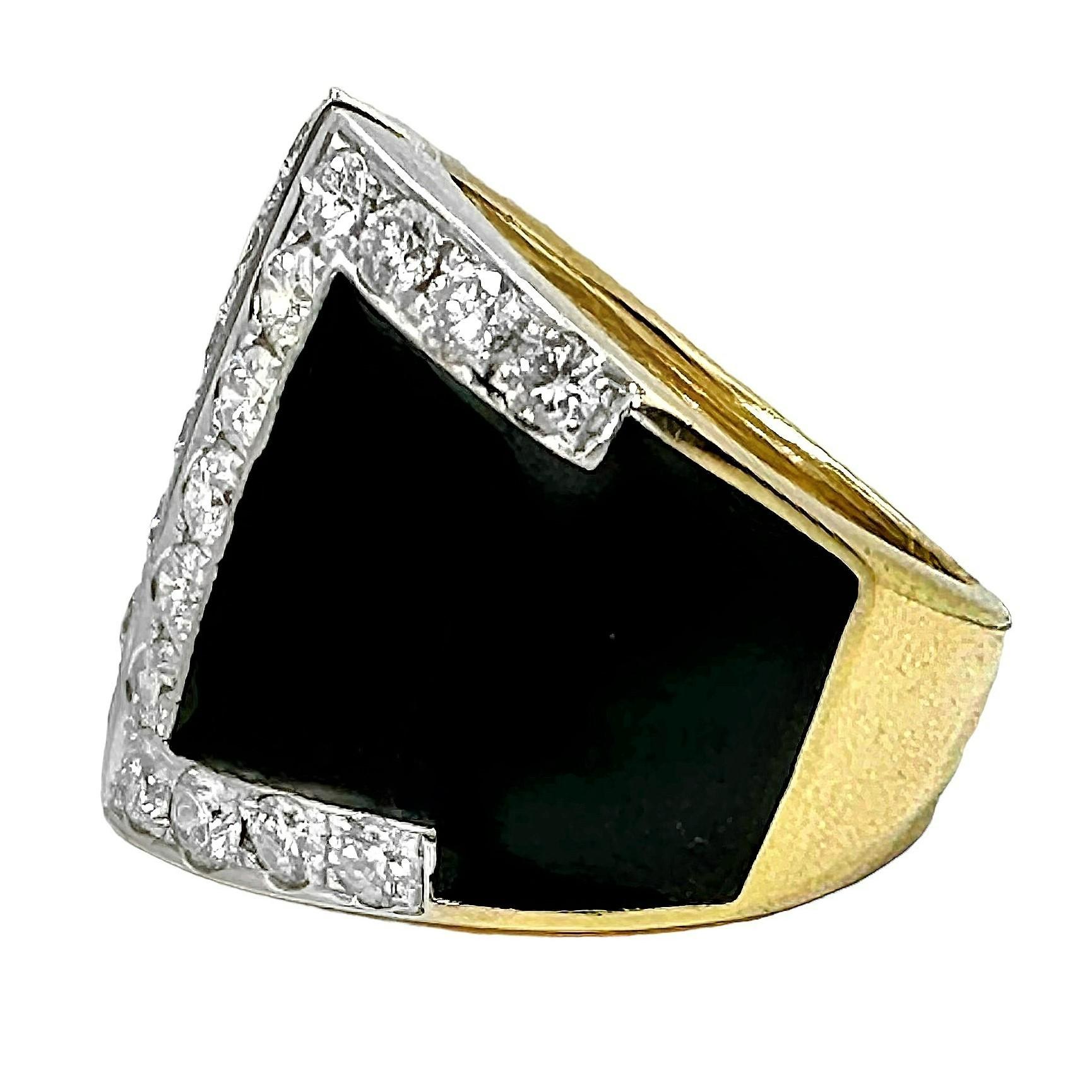 Brilliant Cut Split Front 18k Yellow Gold Ring with Black Enamel and Diamonds