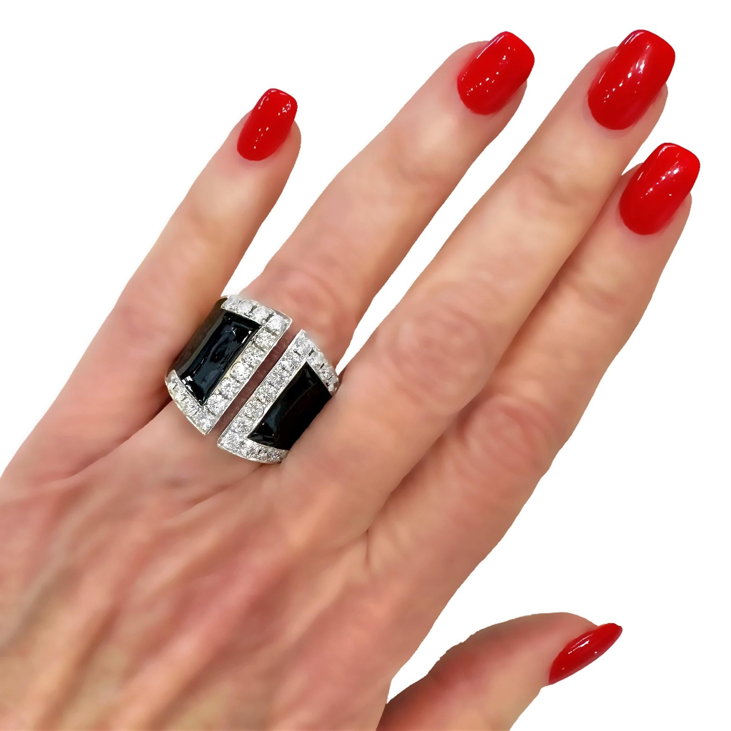 Split Front 18k Yellow Gold Ring with Black Enamel and Diamonds 2