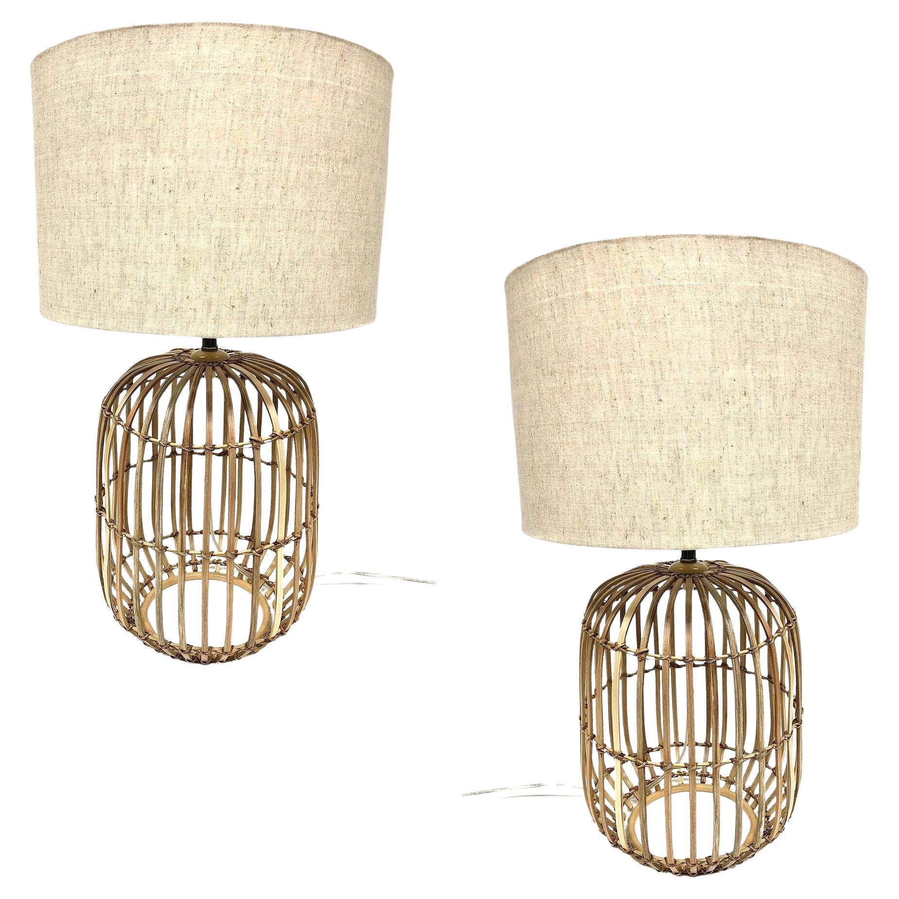 Split Rattan Basket Weave "Barrel" Table Lamp Pair, w/ Shades